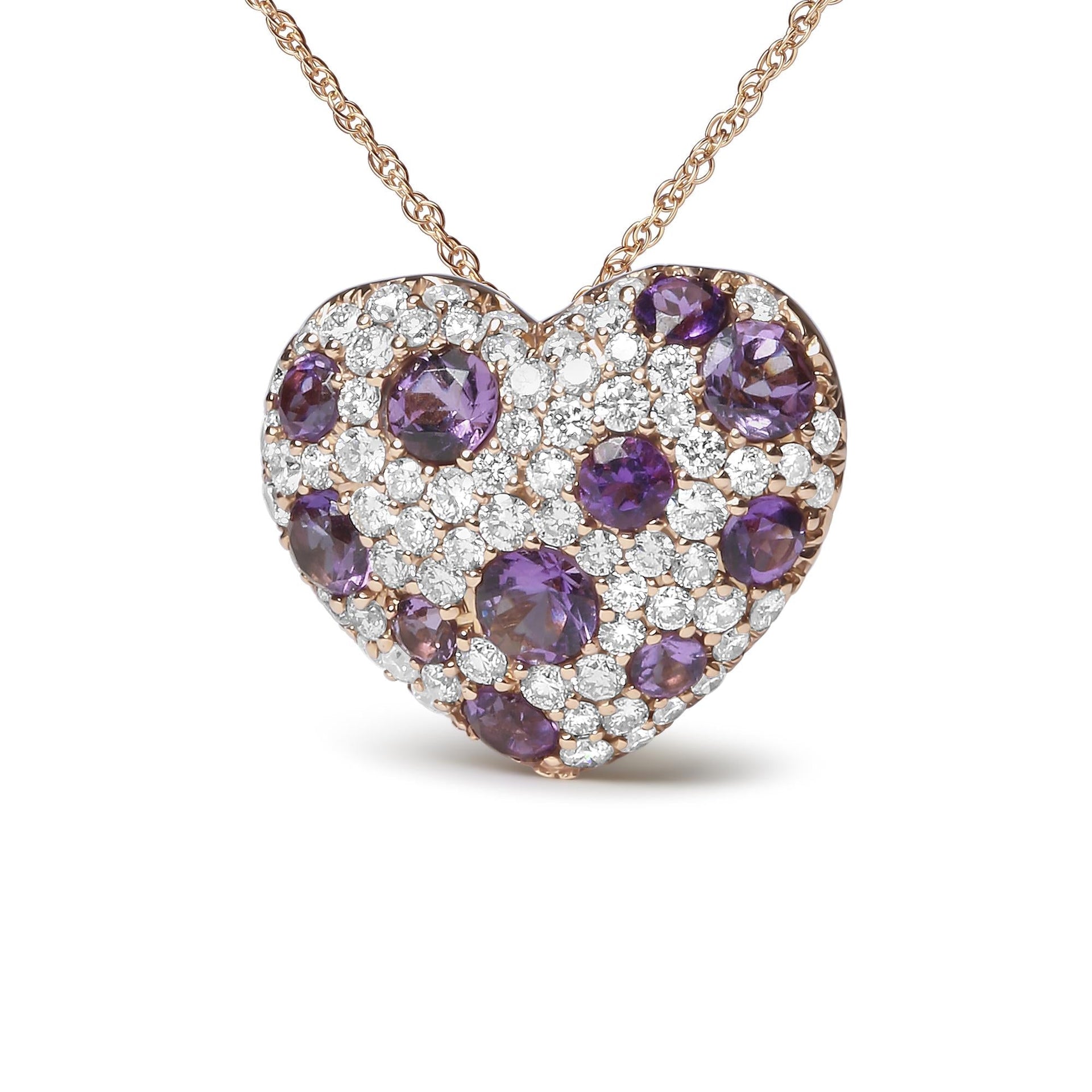 18K Rose Gold 3/4 Cttw Diamond and Purple Amethyst Cluster Heart Shape 18' Pendant Necklace (G-H Color, SI1-SI2 Clarity)
