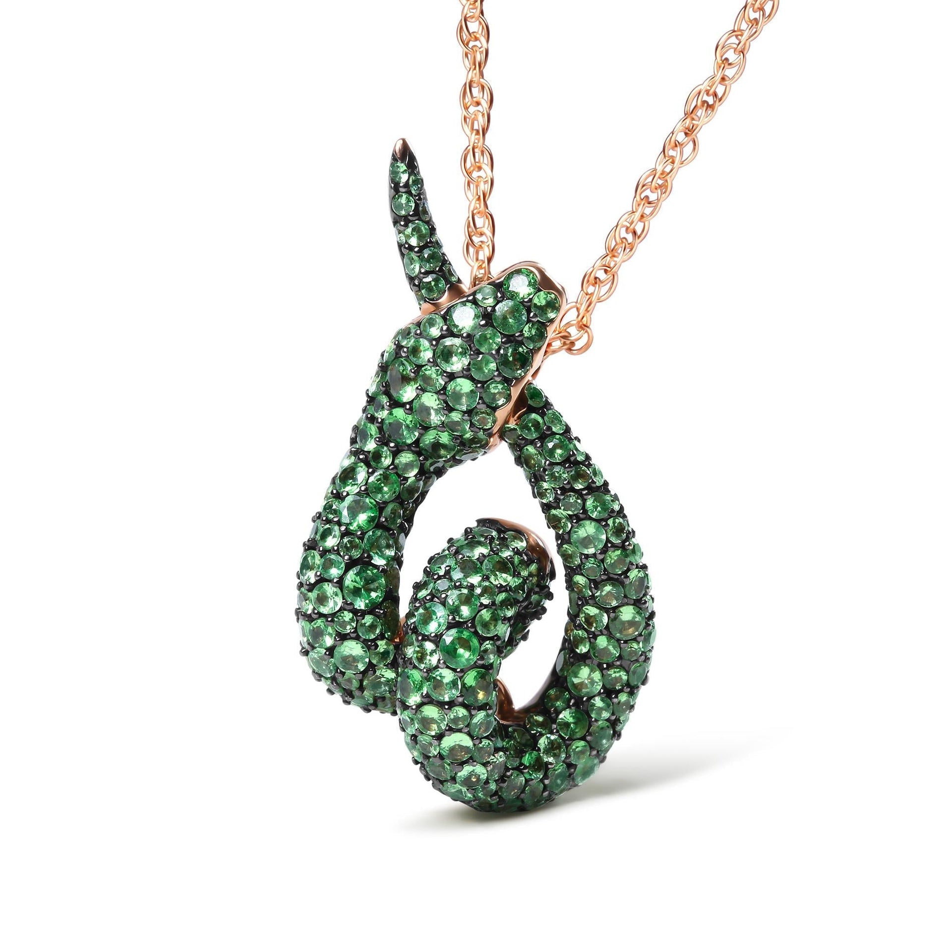 18K Rose Gold Round Green Tsavorite Gemstone Cluster Spiral Snake Design 18' Pendant Necklace (AAA+ Quality)