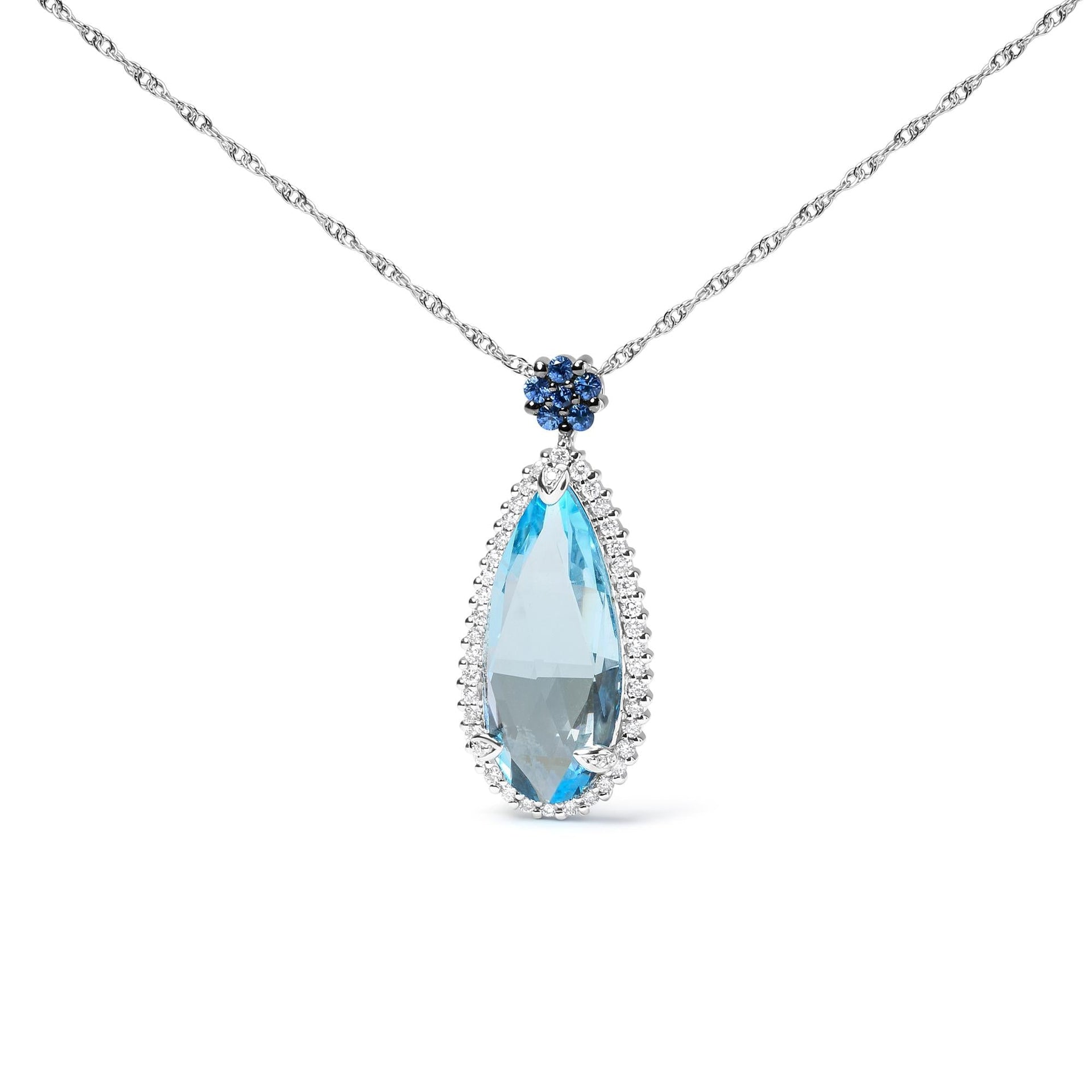 18K White Gold 3/8 Cttw Pave Set Diamond and Sky Blue Topaz and Blue Sapphire Gemstone Floral Teardrop Halo 18' Pendant Necklace (G-H Color, SI2-I1 Clarity)