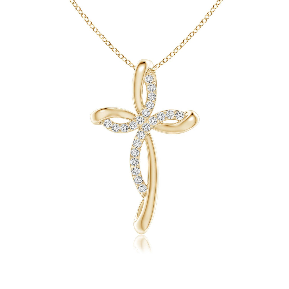 0.5 CTW Prong-Set Round Diamond Ribbon Twist Cross Pendant in 14K Yellow Gold