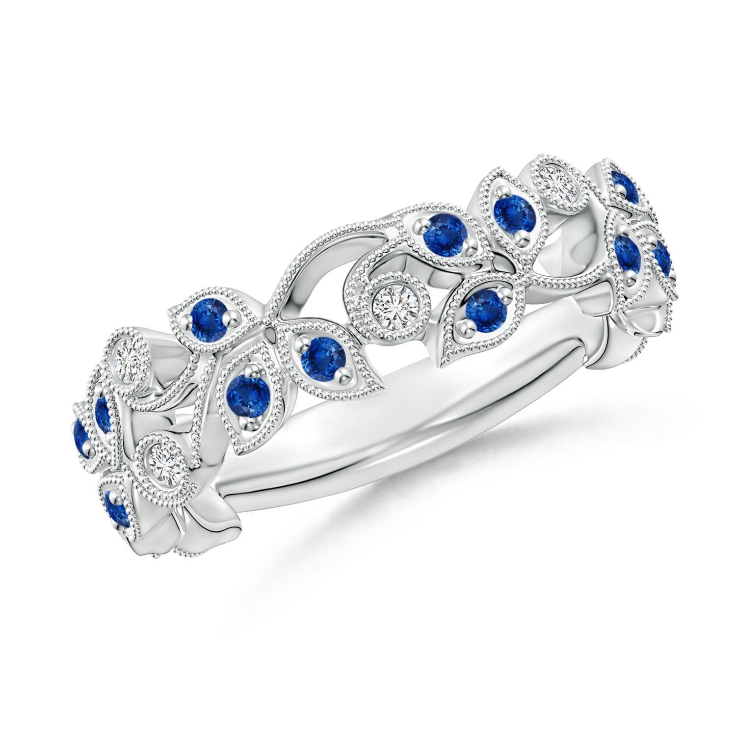 0.26 CTW Pavé Set Sapphire Hexagon Solitaire Ring with Milgrain in 18K White Gold