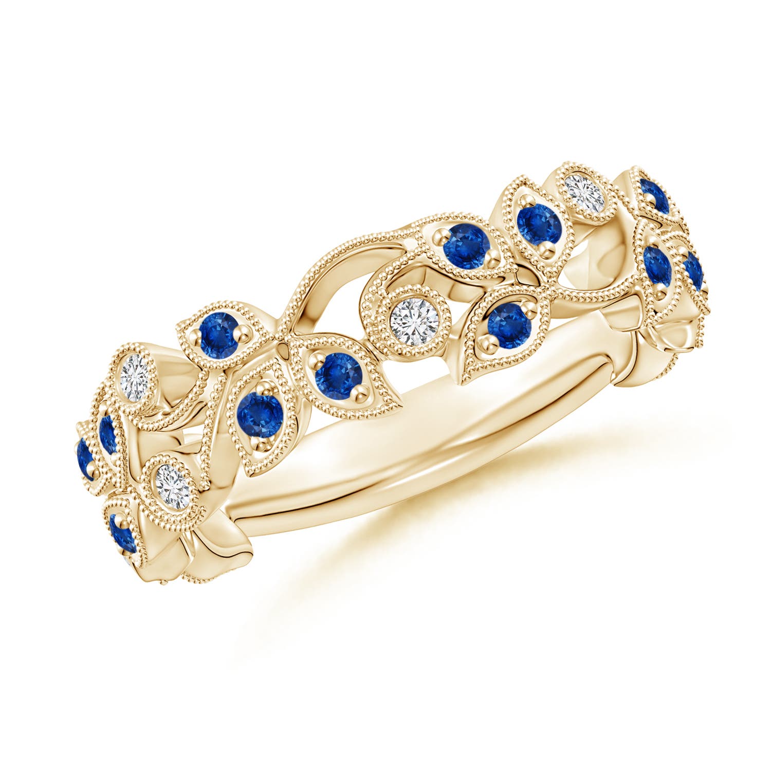 0.26 CTW Pavé Set Sapphire Hexagon Solitaire Ring with Milgrain in 18K Yellow Gold