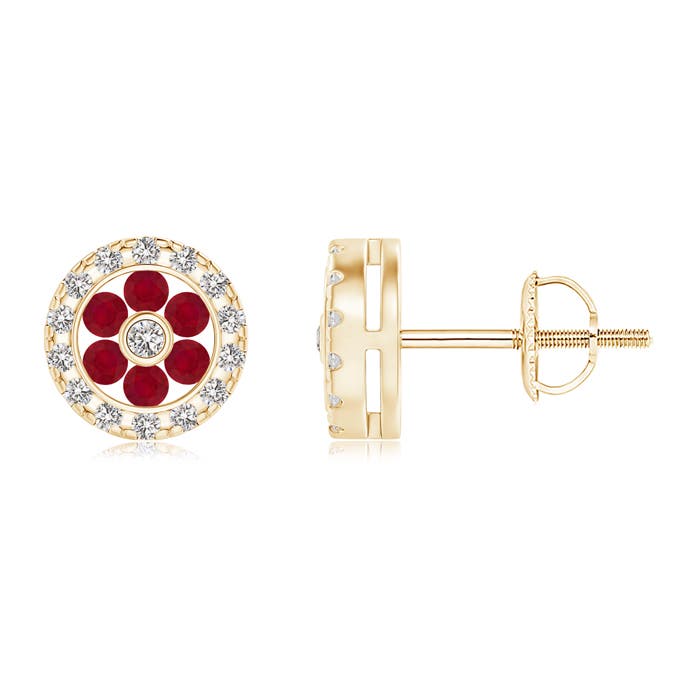 0.28 CTW Solitaire Ruby Open Heart Studs with Diamonds in 18K Yellow Gold