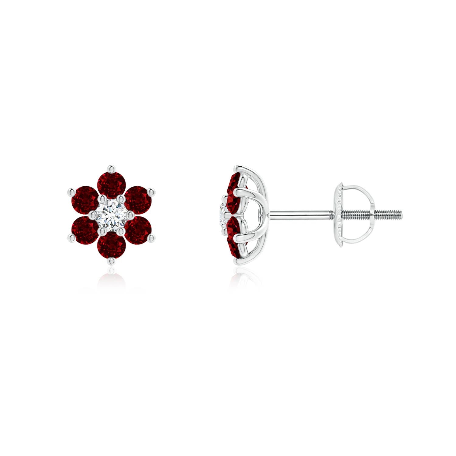 2.04 CTW Round Ruby Three Stone Stud Earrings in 14K White Gold