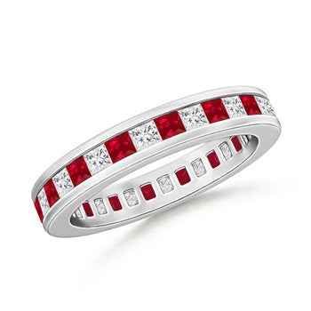 Channel Set Square Ruby Diamond Eternity Wedding Ring
