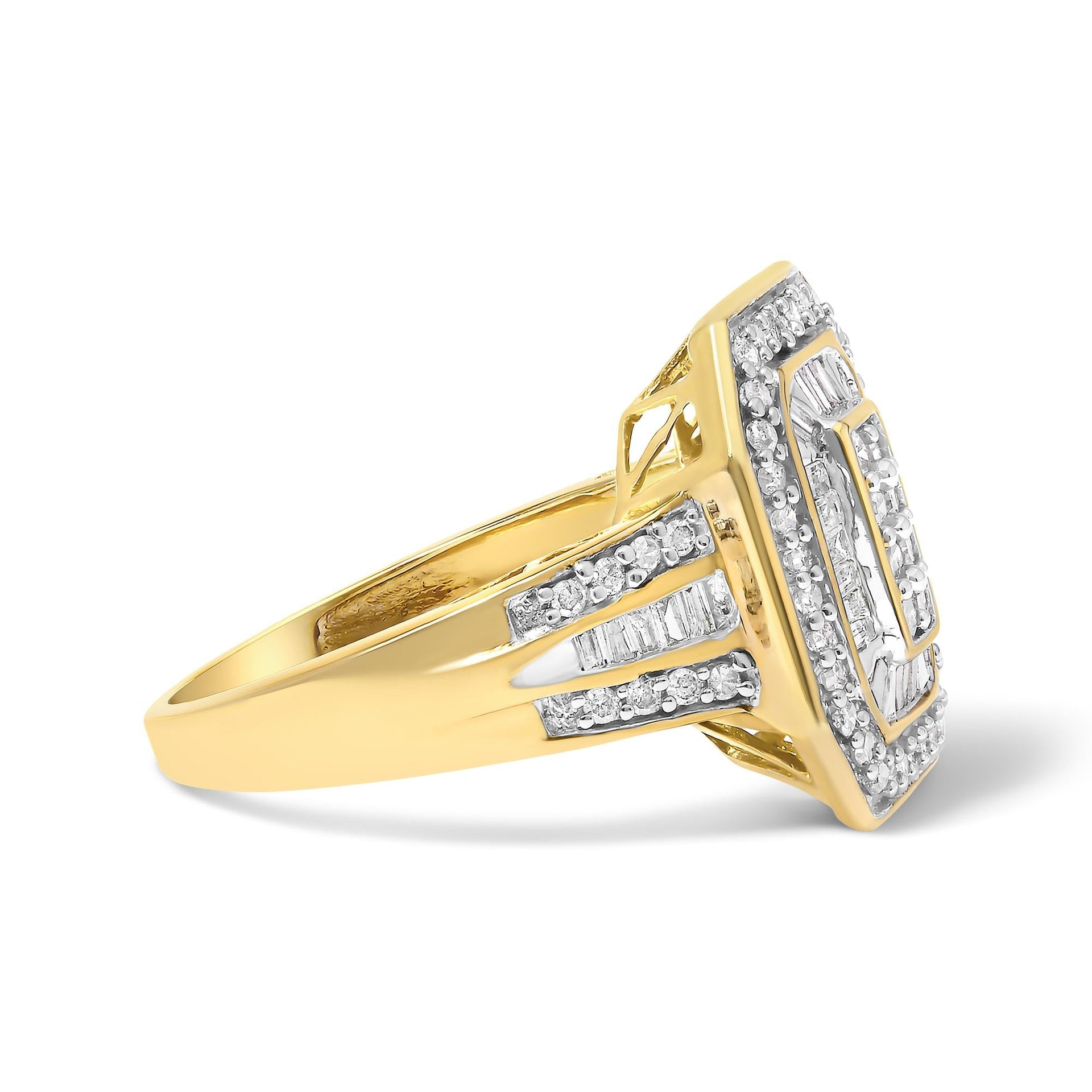 10K Yellow Gold 1.0 Cttw Diamond Vintage Inspired Baguette-Cut Double Halo Emerald-Shaped Frame Cocktail Ring (I-J Color, I1-I2 Clarity)