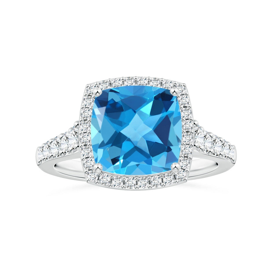 GIA Certified Cushion Swiss Blue Topaz Tapered Shank Ring with Diamond Halo