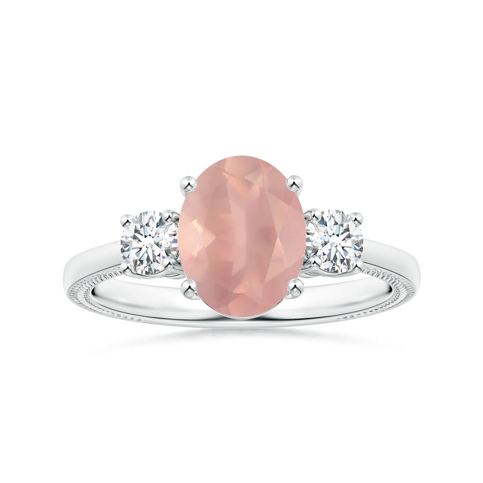 GIA Certified Three Stone Oval Rose Quartz Reverse Tapered Shank Ring with Leaf Motifs