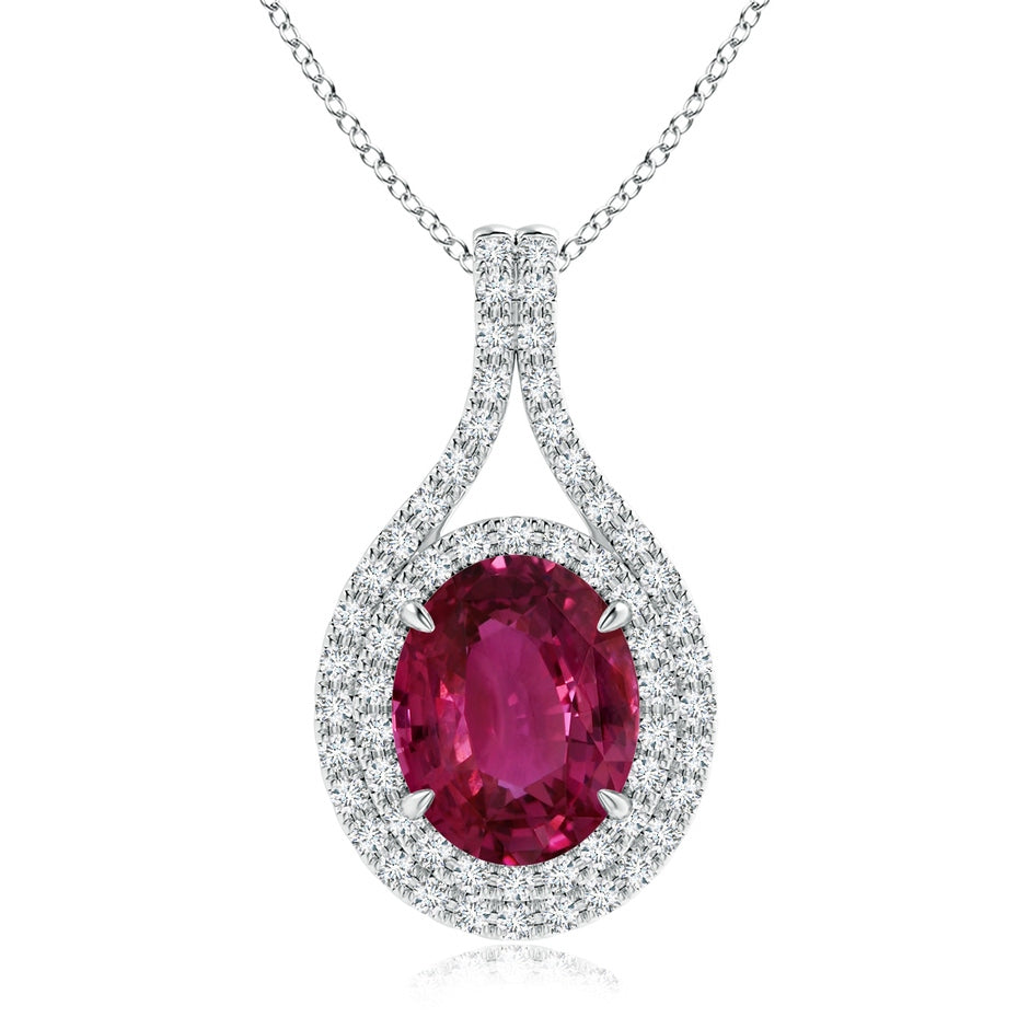 GIA Certified Oval Pink Sapphire and Diamond Double Halo Pendant
