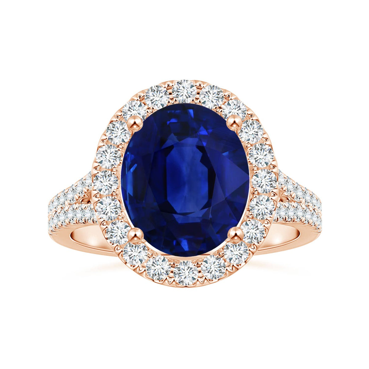 4.49 CTW GIA Certified Oval Blue Sapphire Halo Split Shank Ring in 14K Rose Gold