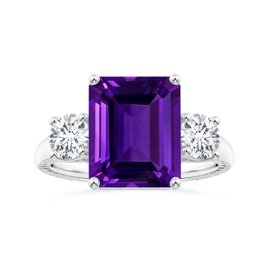 Three Stone GIA Certified Emerald-Cut Amethyst Feather Ring with Tapered Shank
