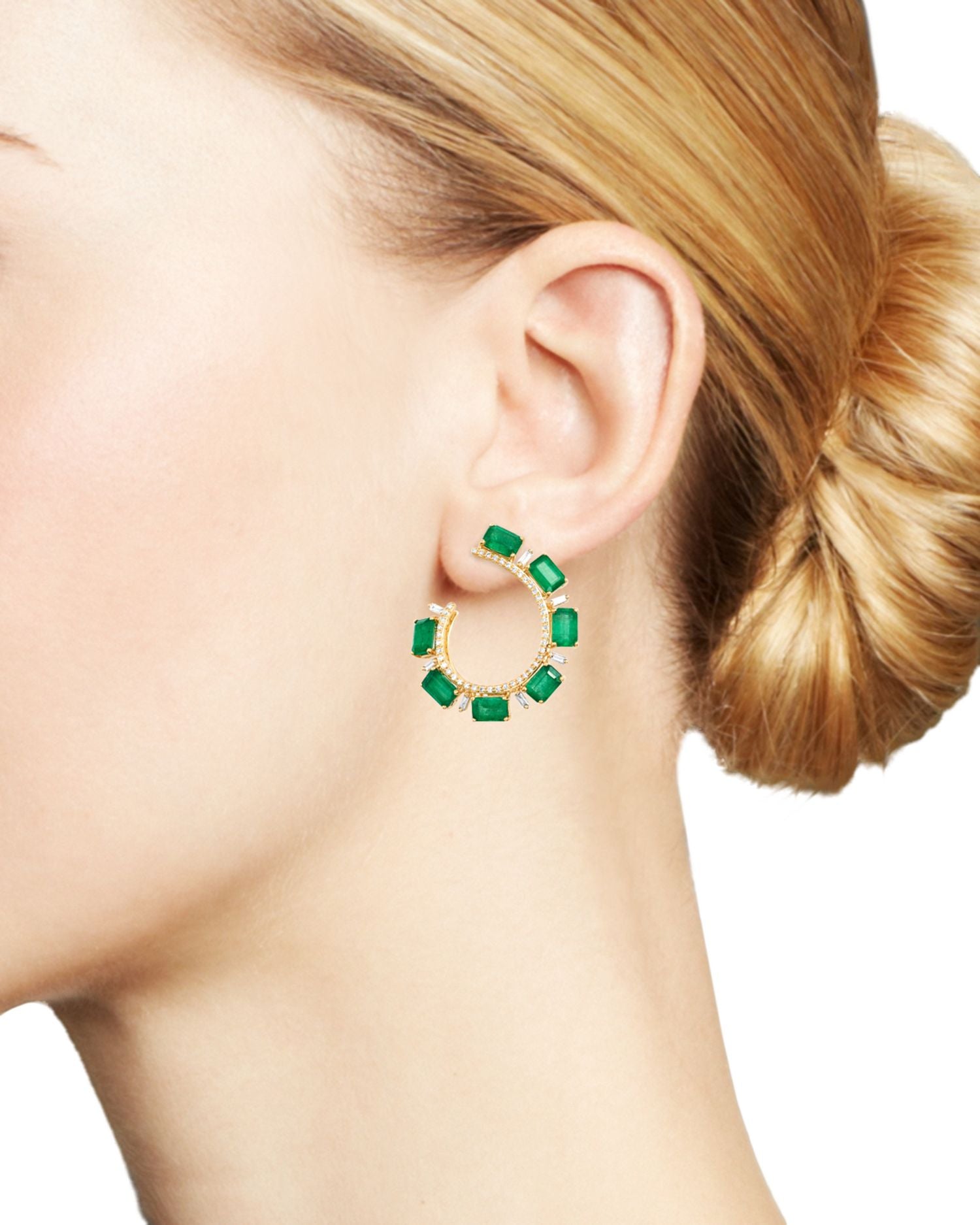 Emerald & Diamond Front-Back Earrings in 14K Yellow Gold - Exclusive