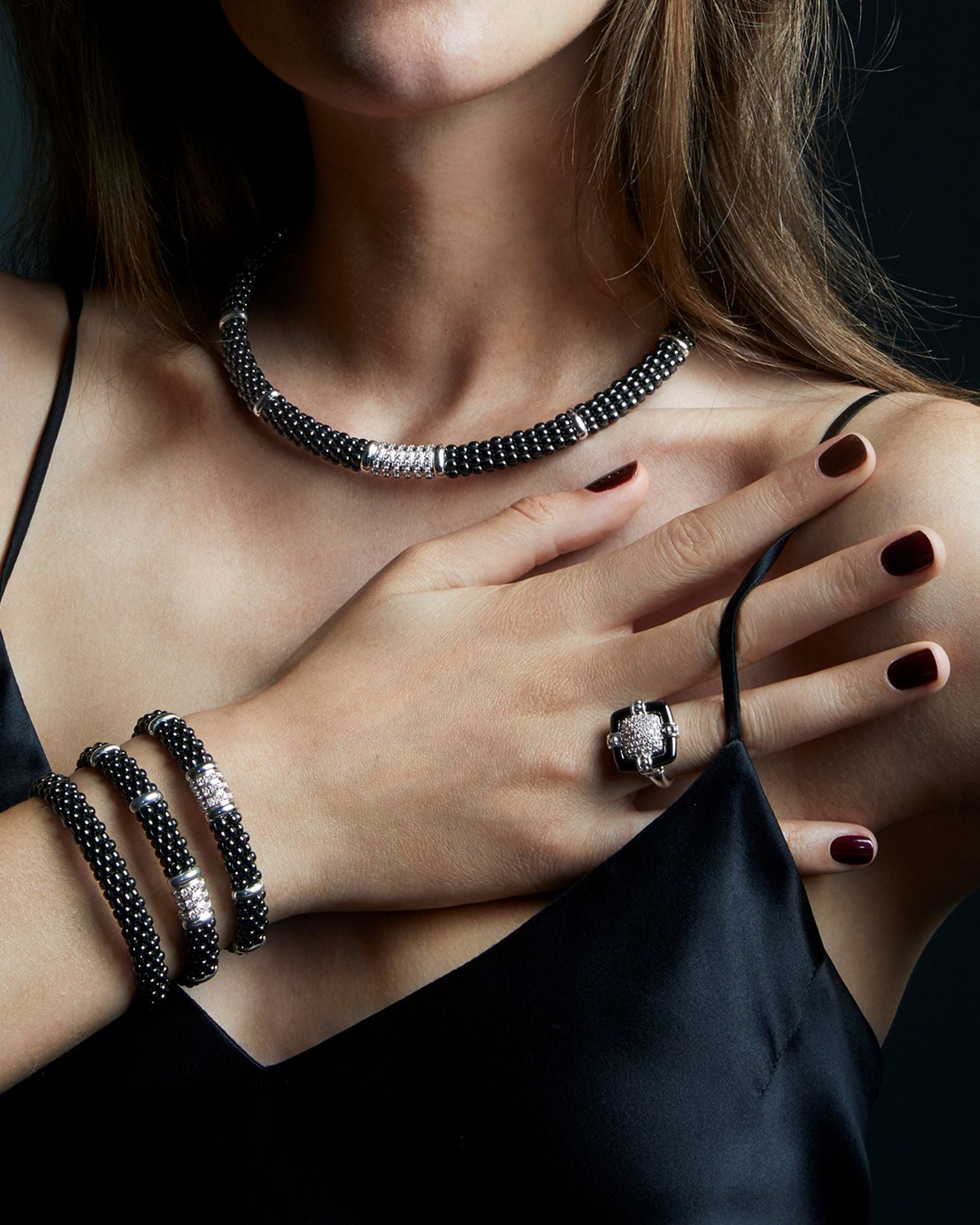 Sterling Silver Black Caviar Collection Pavé Diamond & Black Ceramic Station Bracelet