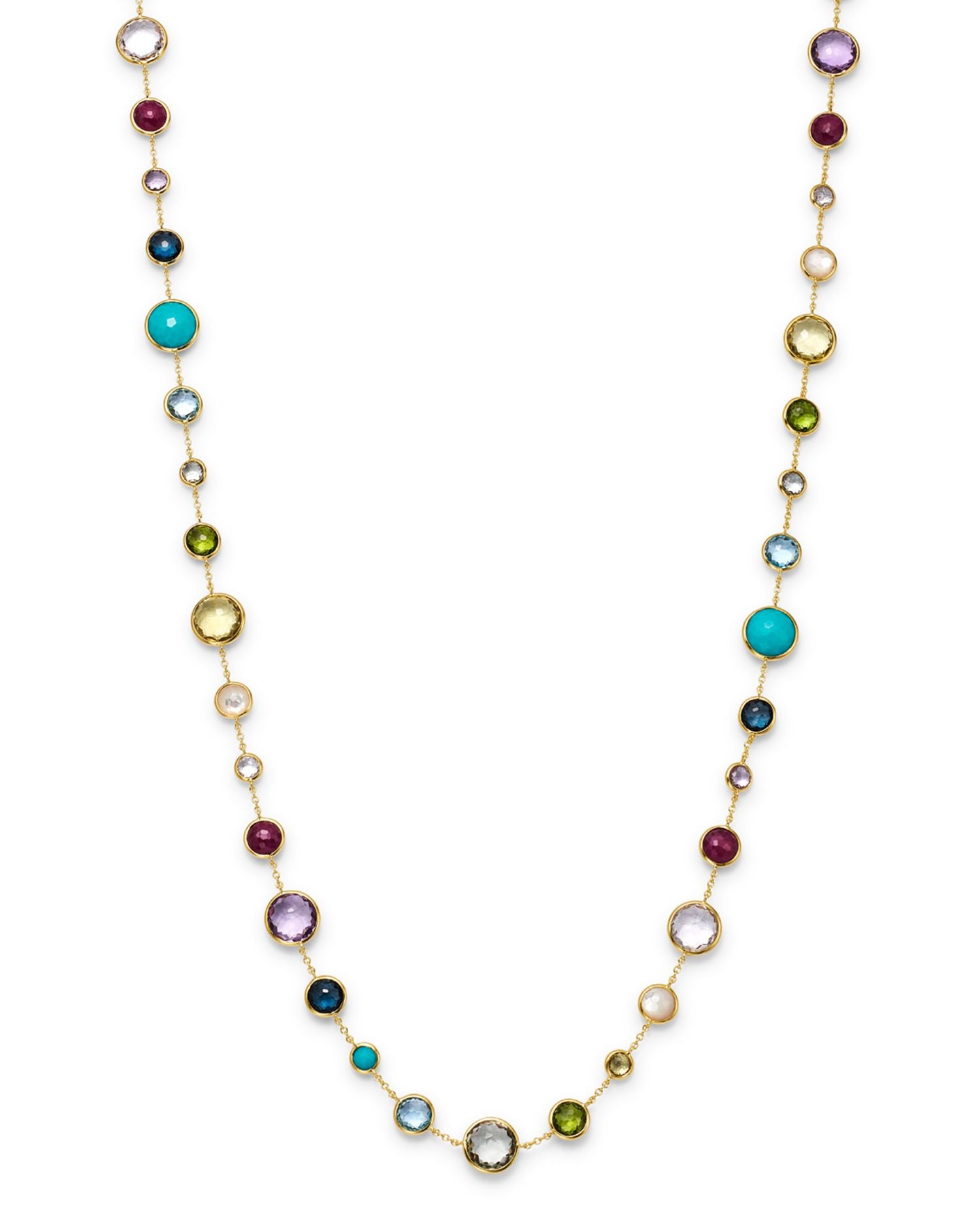 18K Yellow Gold Lollipop Lollitini Mother of Pearl, Green Gold Citrine, Peridot, Green Agate, Blue Topaz, Turquoise, London Blue Topaz, Amethyst & Pink Tourmaline Long Necklace, 36'