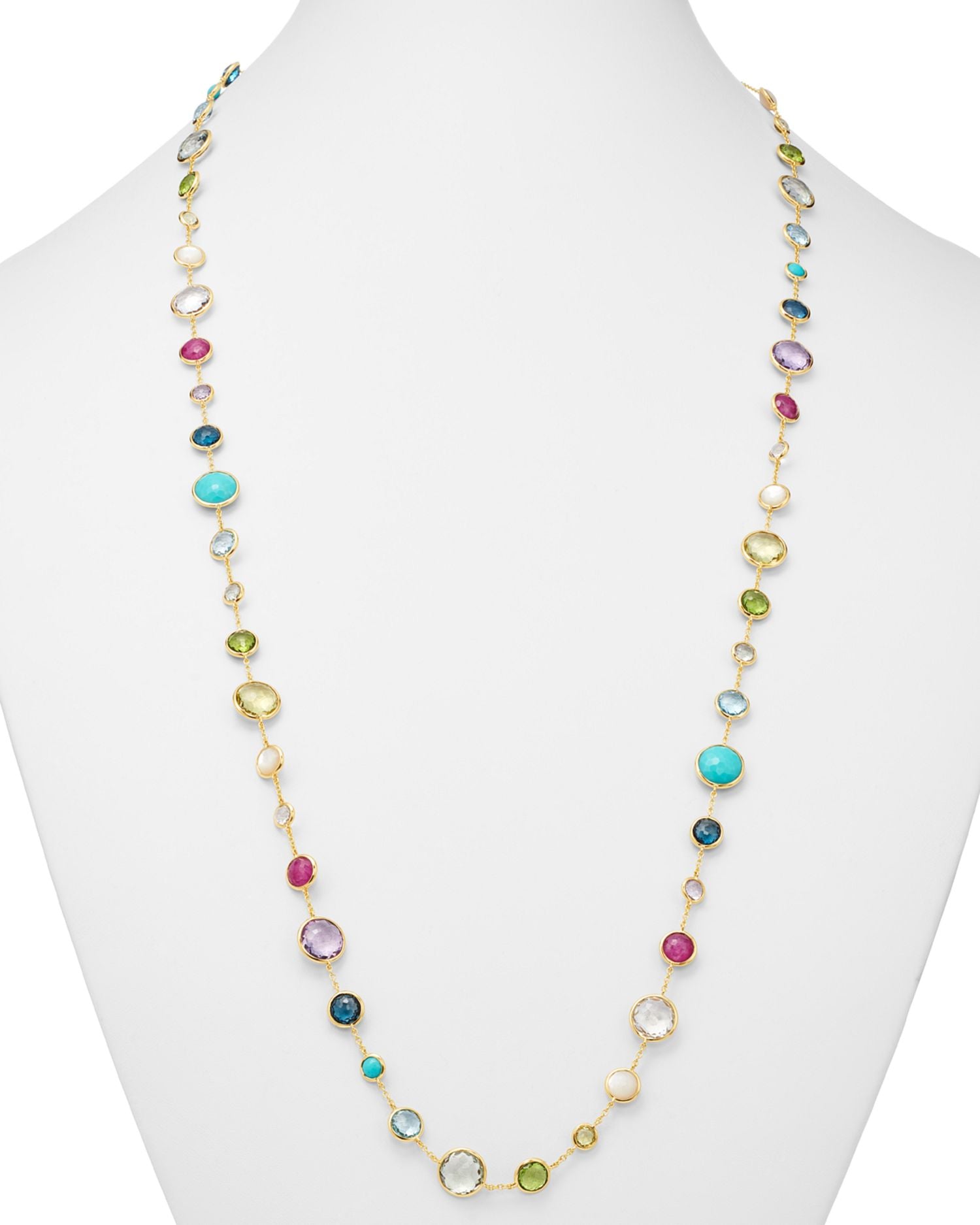 18K Yellow Gold Lollipop Lollitini Mother of Pearl, Green Gold Citrine, Peridot, Green Agate, Blue Topaz, Turquoise, London Blue Topaz, Amethyst & Pink Tourmaline Long Necklace, 36'