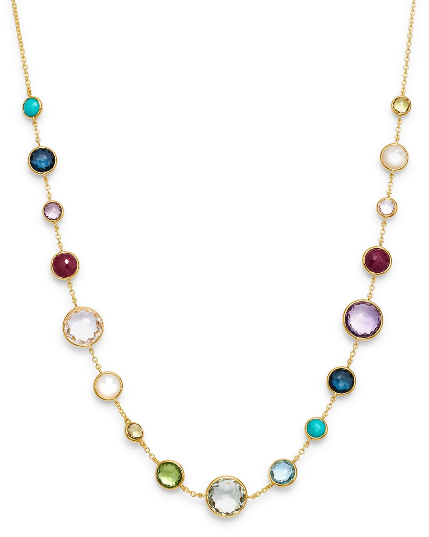 18K Yellow Gold Lollipop Lollitini Clear Quartz, Mother of Pearl, Green Gold Citrine, Peridot, Green Agate, Blue Topaz, Turquoise, London Blue Topaz, Amethyst & Pink Tourmaline Short Necklace, 18'