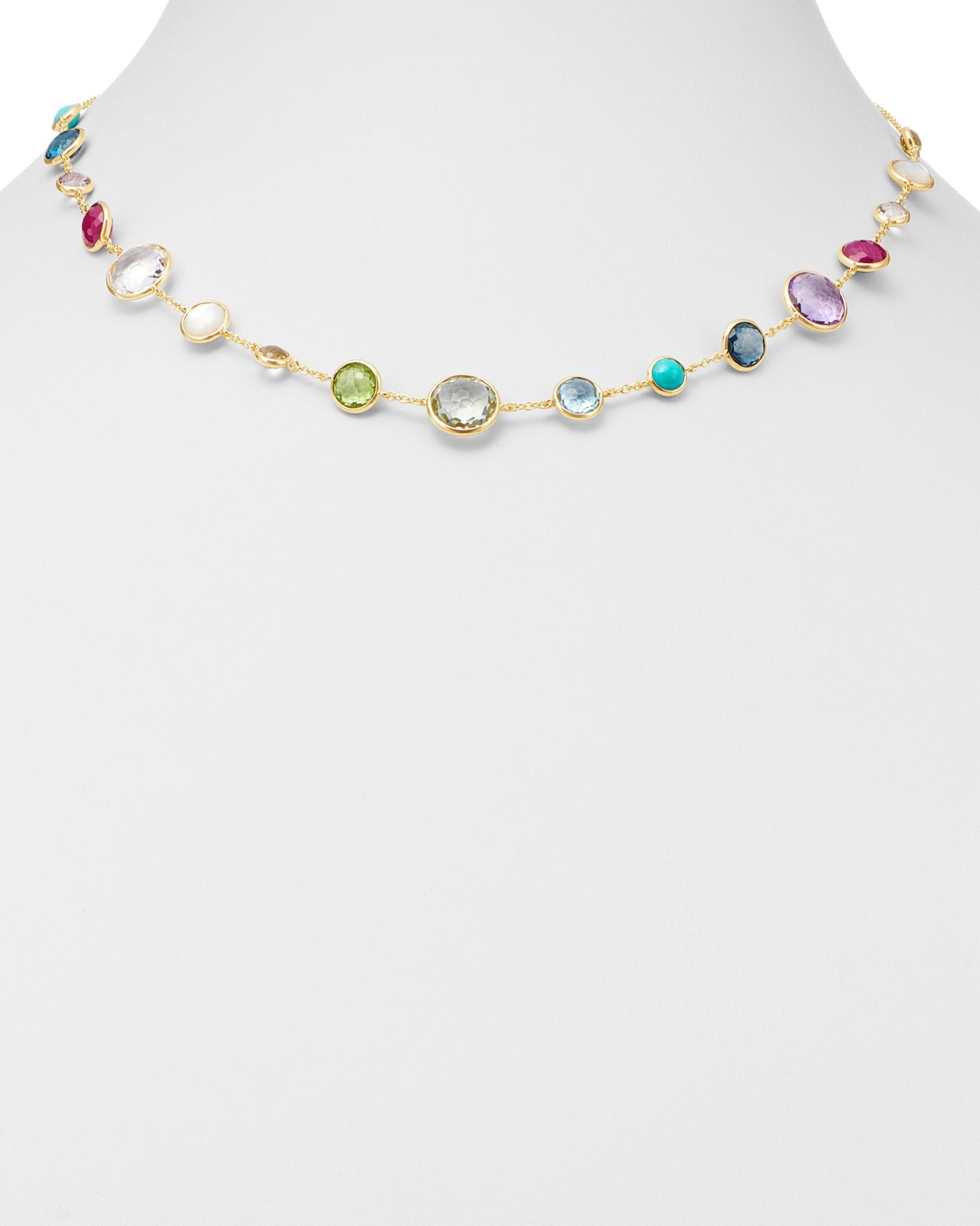 18K Yellow Gold Lollipop Lollitini Clear Quartz, Mother of Pearl, Green Gold Citrine, Peridot, Green Agate, Blue Topaz, Turquoise, London Blue Topaz, Amethyst & Pink Tourmaline Short Necklace, 18'