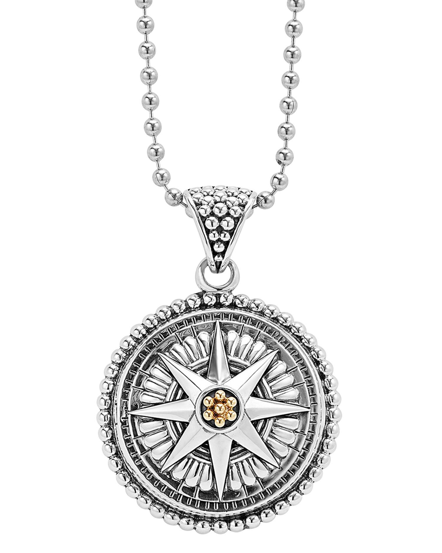18K Gold and Sterling Silver Signature Caviar Compass Pendant Ball Chain Necklace, 34'