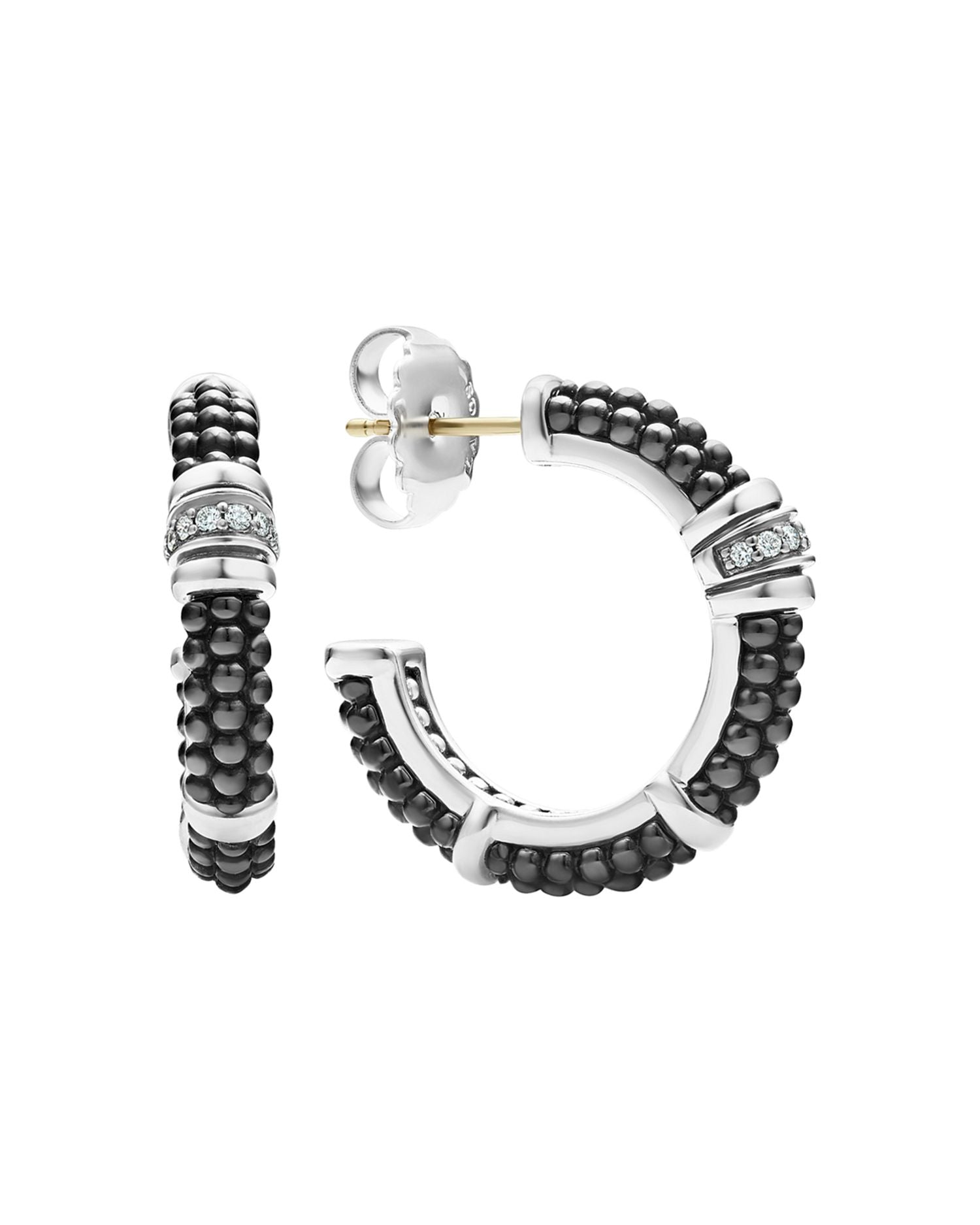 Sterling Silver & Ceramic Black Caviar Hoop Earrings with Diamonds
