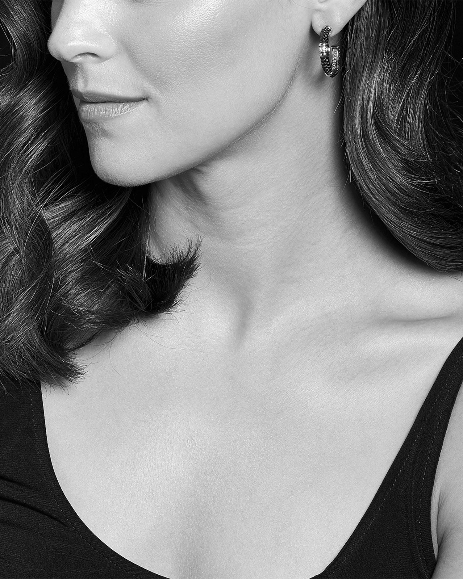 Sterling Silver & Ceramic Black Caviar Hoop Earrings with Diamonds