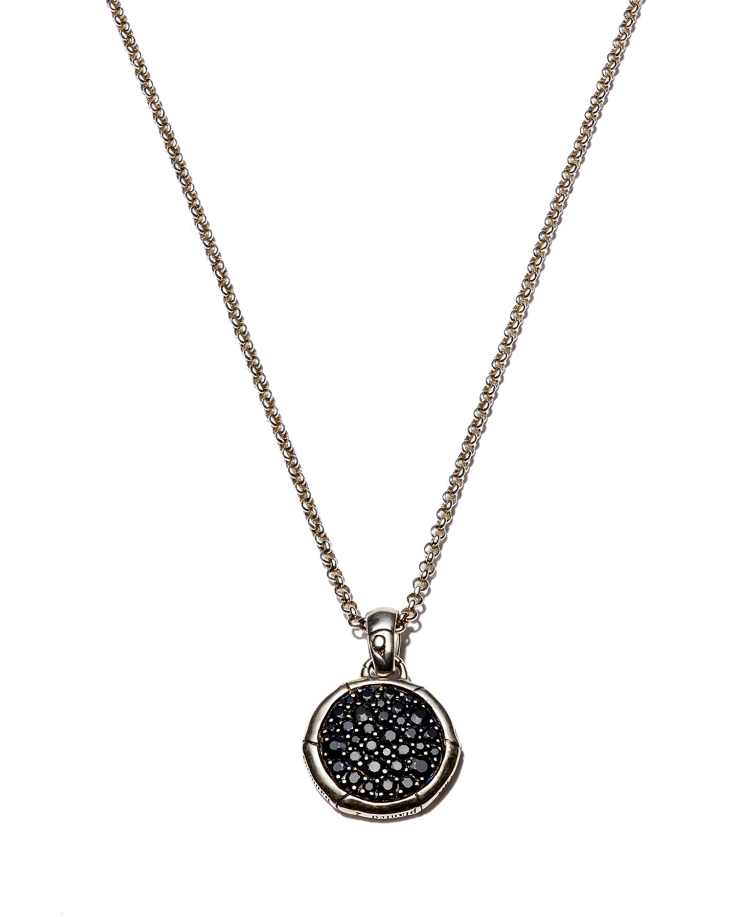 Bamboo Silver Small Round Pendant with Black Sapphire on Chain Necklace, 18'