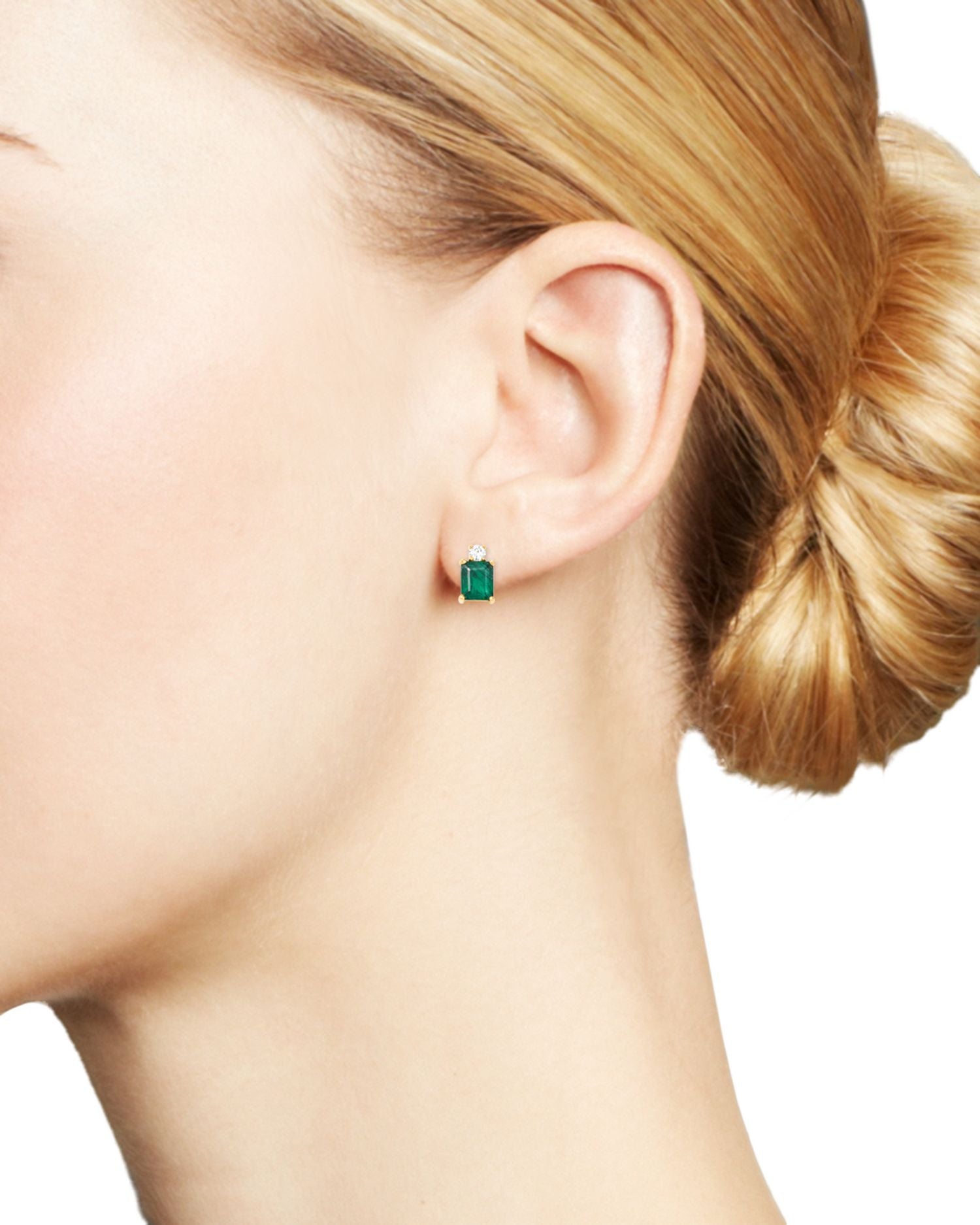 Emerald & Diamond Stud Earrings in 14K Yellow Gold - Exclusive