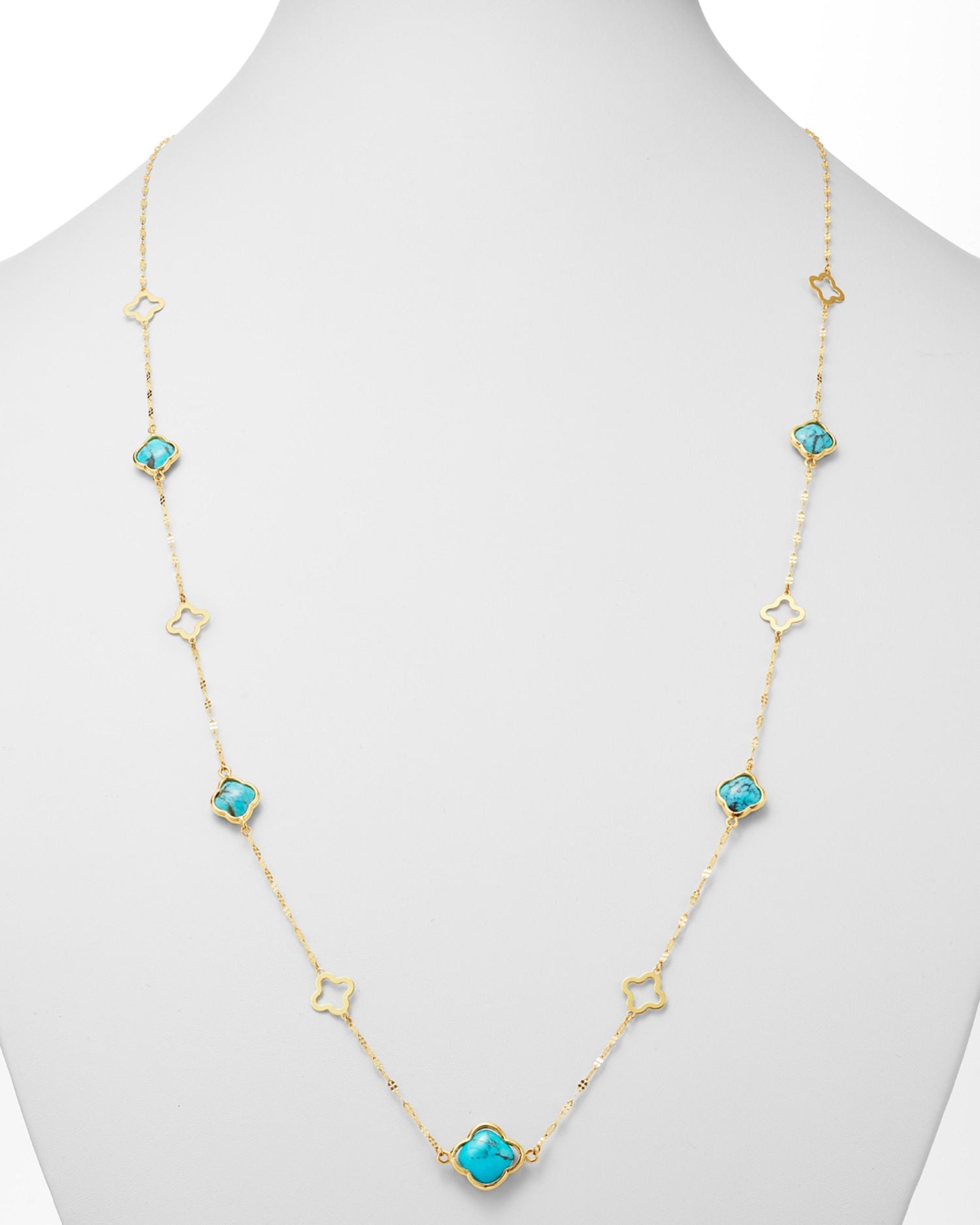 Turquoise Long Clover Necklace in 14K Yellow Gold, 36' - Exclusive
