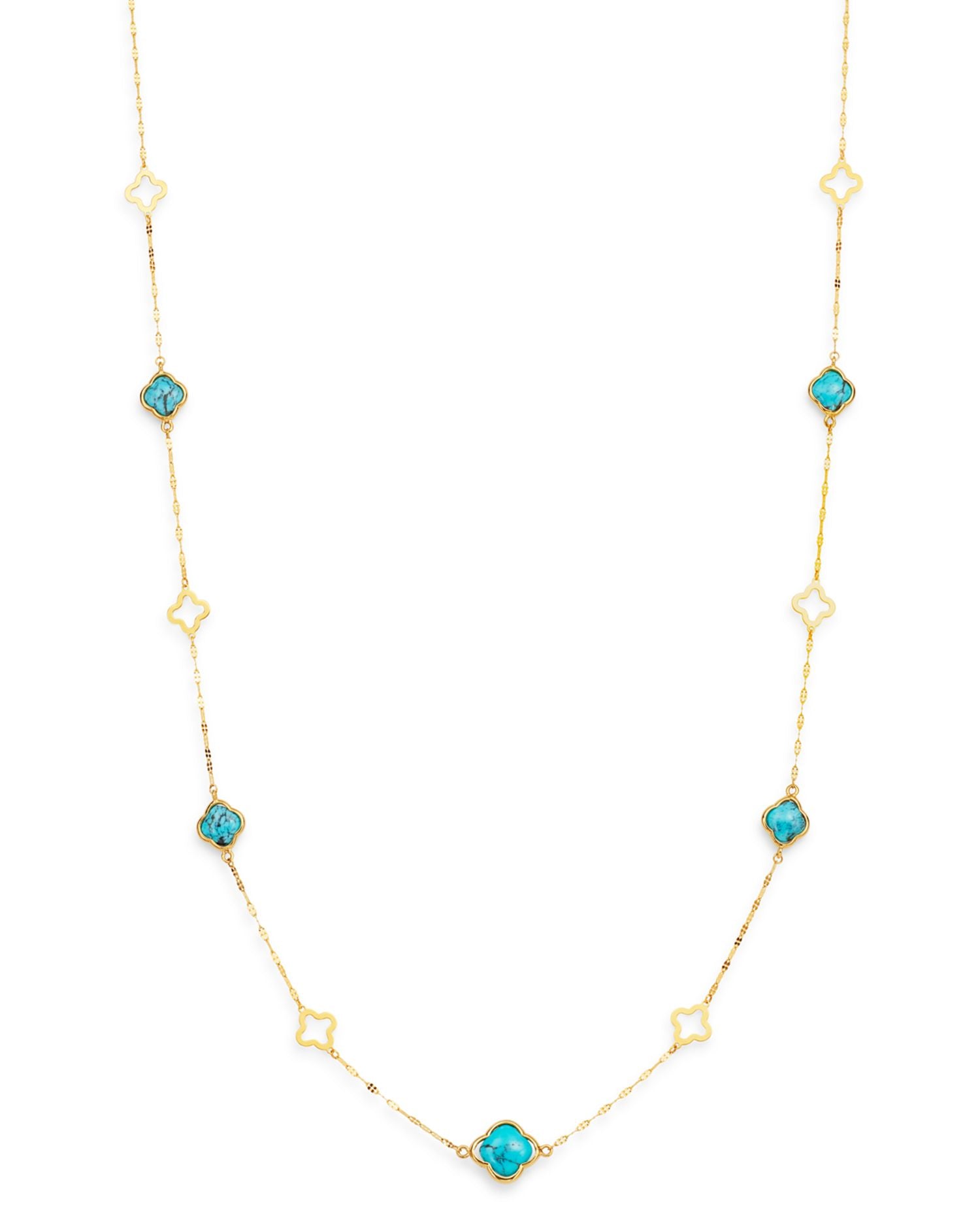 Turquoise Long Clover Necklace in 14K Yellow Gold, 36' - Exclusive