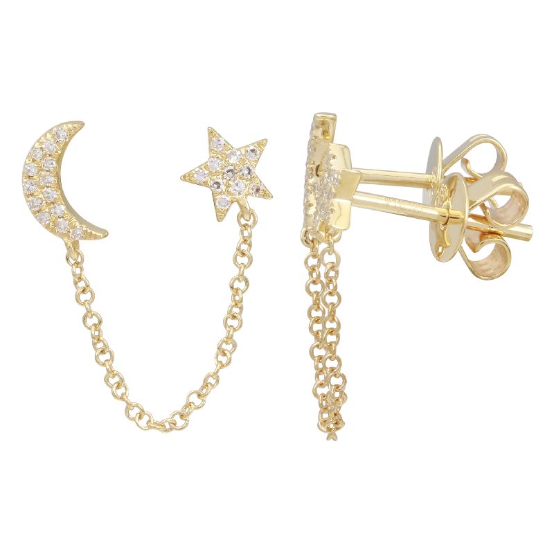 Gold Diamond Moon Star Chain Connecting Earring
