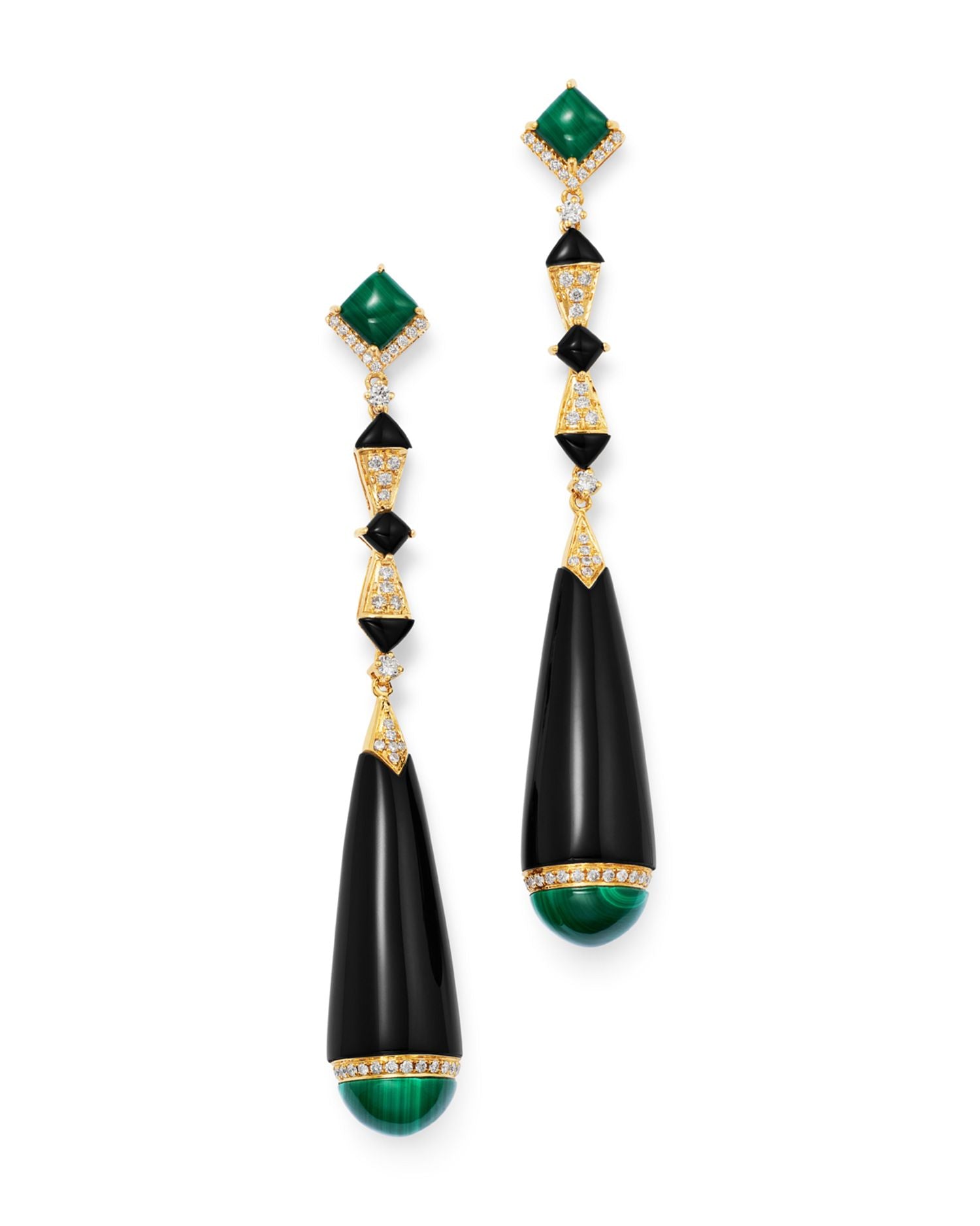 Black Onyx, Malachite & Diamond Drop Earrings in 18K Yellow Gold - Exclusive