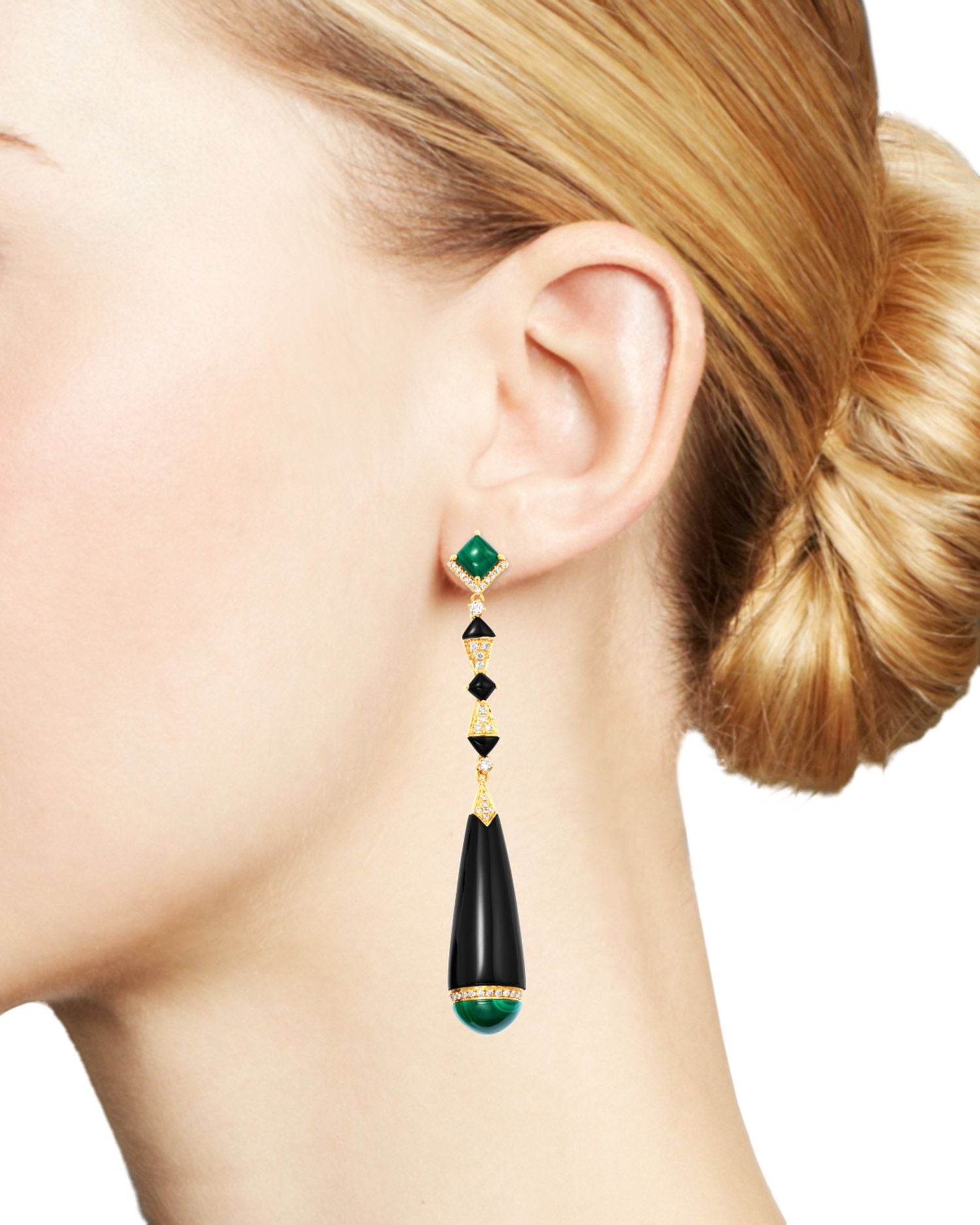 Black Onyx, Malachite & Diamond Drop Earrings in 18K Yellow Gold - Exclusive