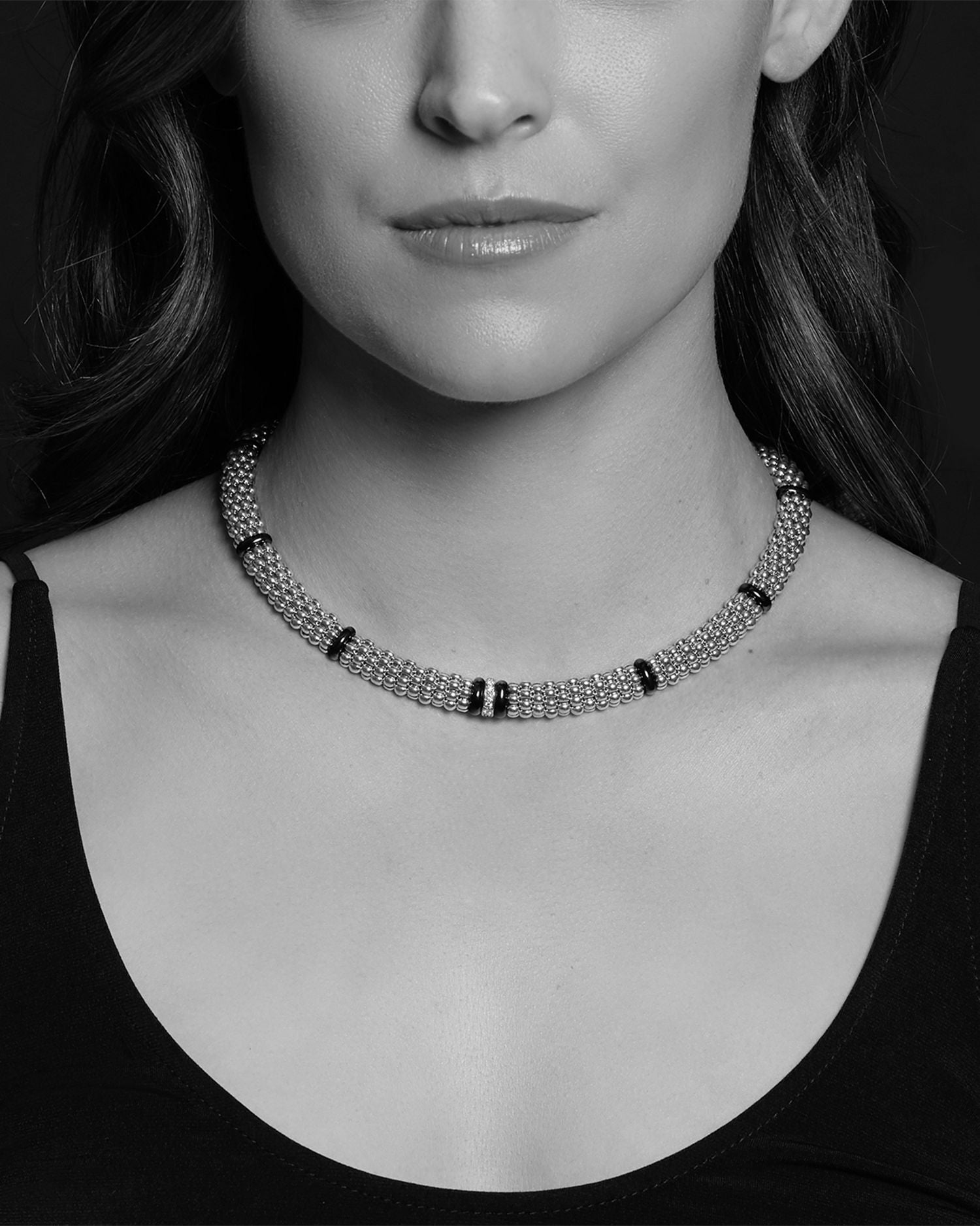 Sterling Silver Black Caviar Diamond & Ceramic Station Necklace, 16"