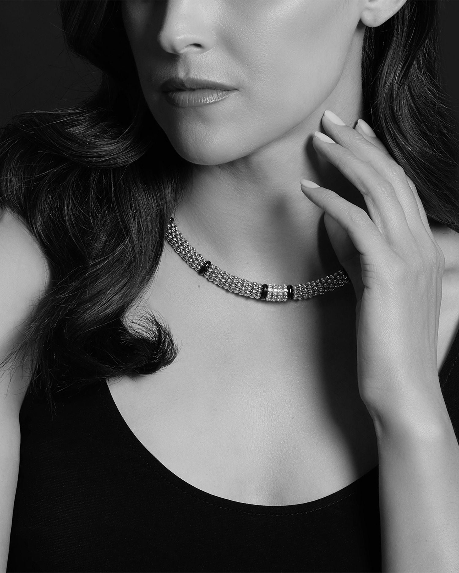 Sterling Silver Black Caviar Diamond & Ceramic Station Necklace, 16"