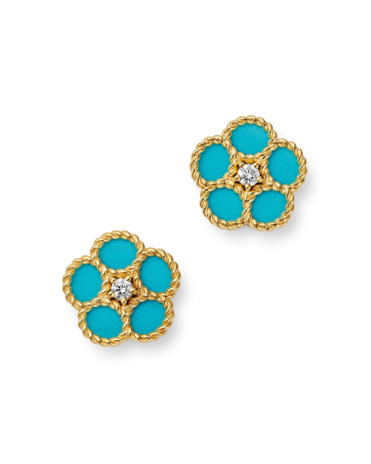 18K Yellow Gold Daisy Diamond & Turquoise Stud Earrings - Exclusive