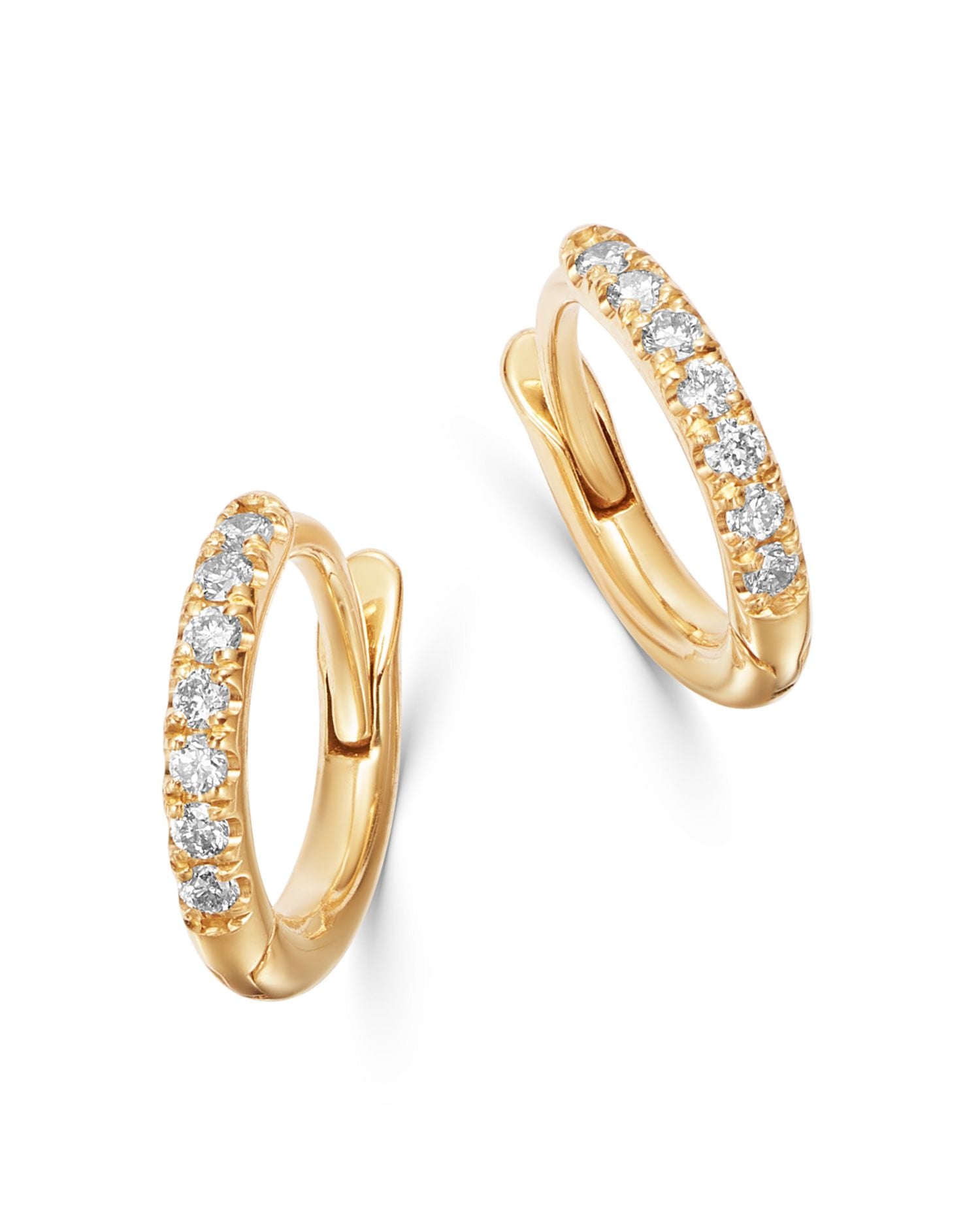 14K Yellow Gold Pavé & Bead Set Diamond Tiny Huggie Hoop Earrings