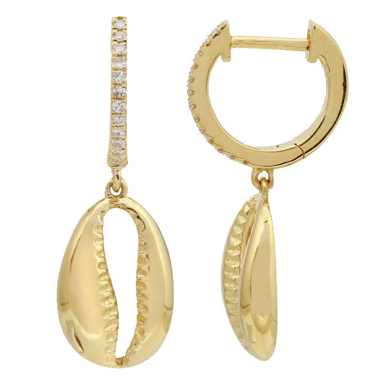 Gold Diamond Shell Drop Hoop Earrings