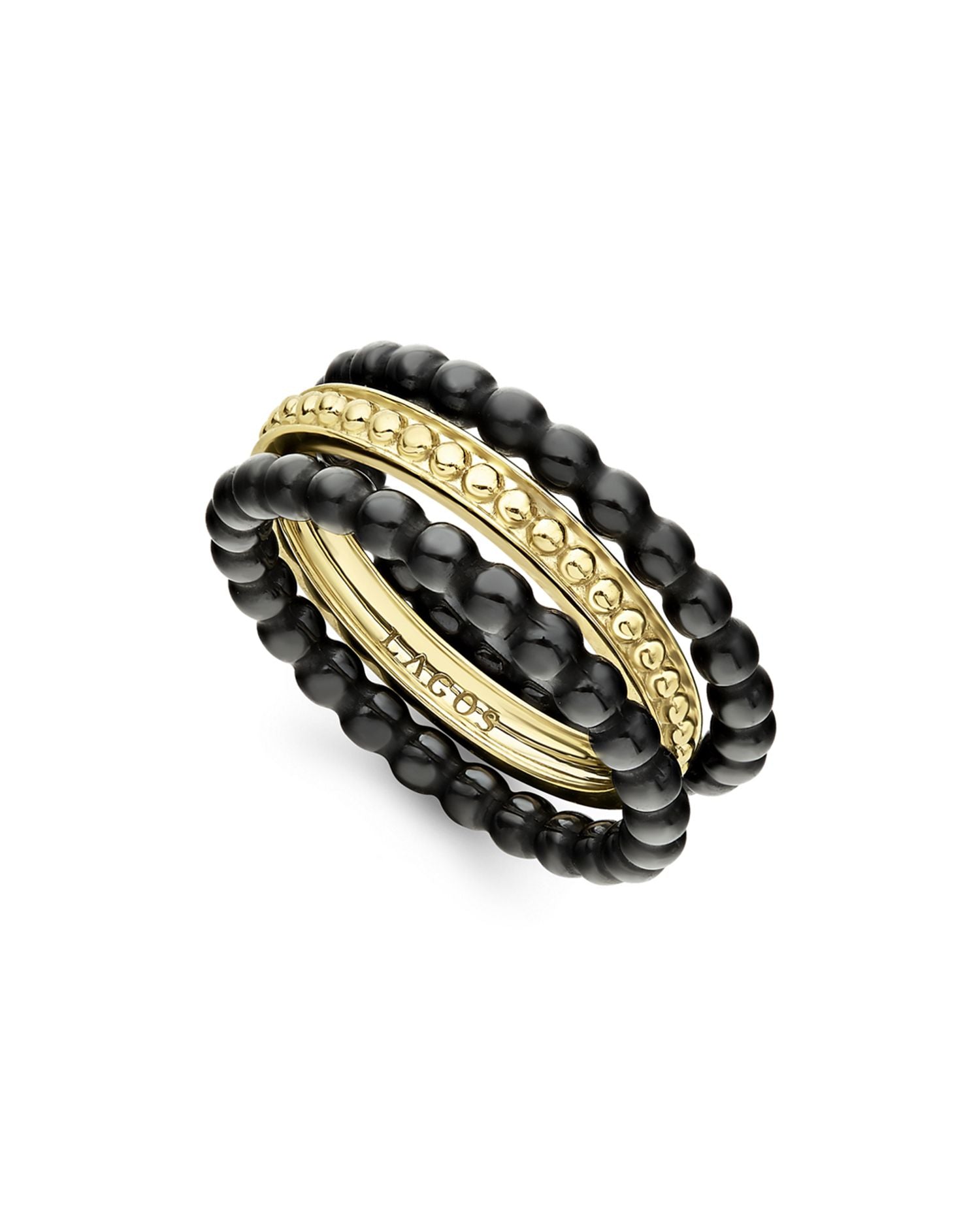 Meridian 18K Yellow Gold Caviar Gold Black Ceramic Stacking Rings, Set of 3
