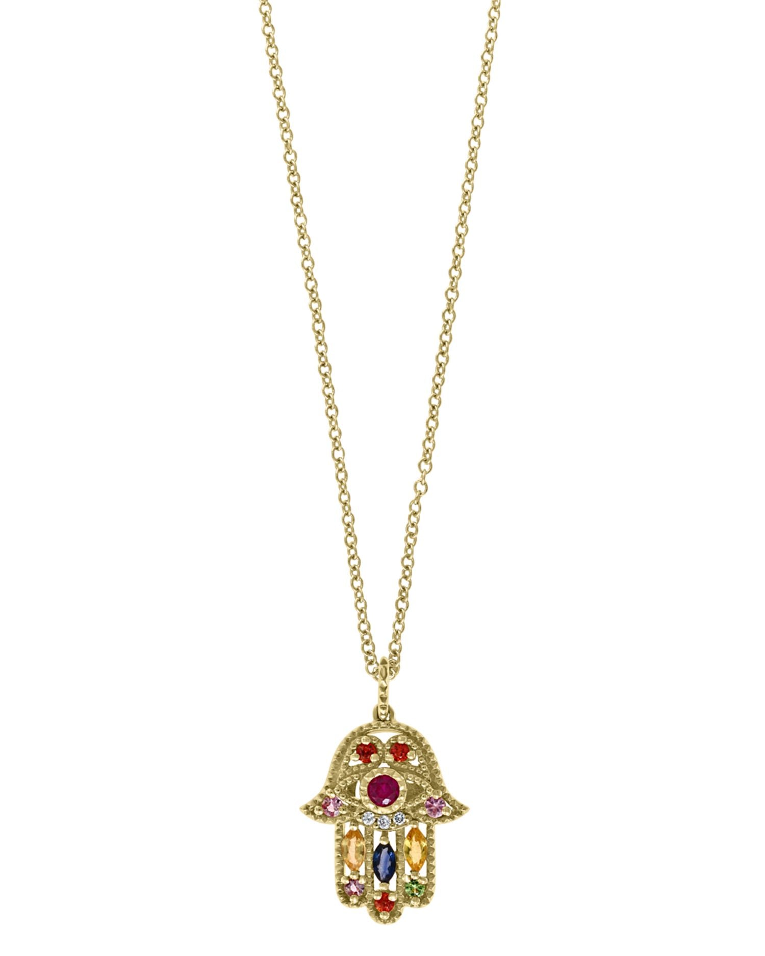Rainbow Gemstone & Diamond Hamsa Pendant Necklace in 14K Yellow Gold, 18' - Exclusive