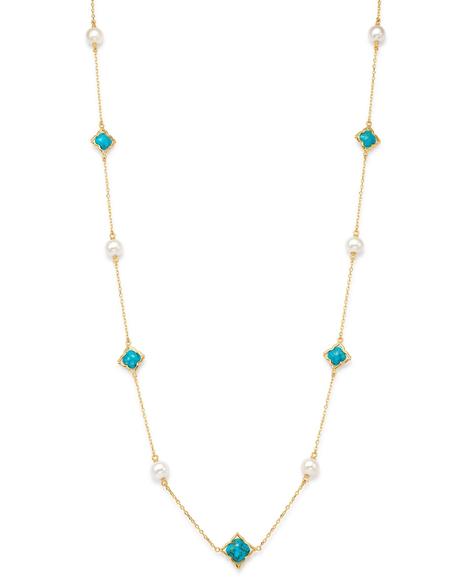 Freshwater Cultured Pearl & Turquoise Clover Station Necklace in 14K Yellow Gold, 36' - Exclusive