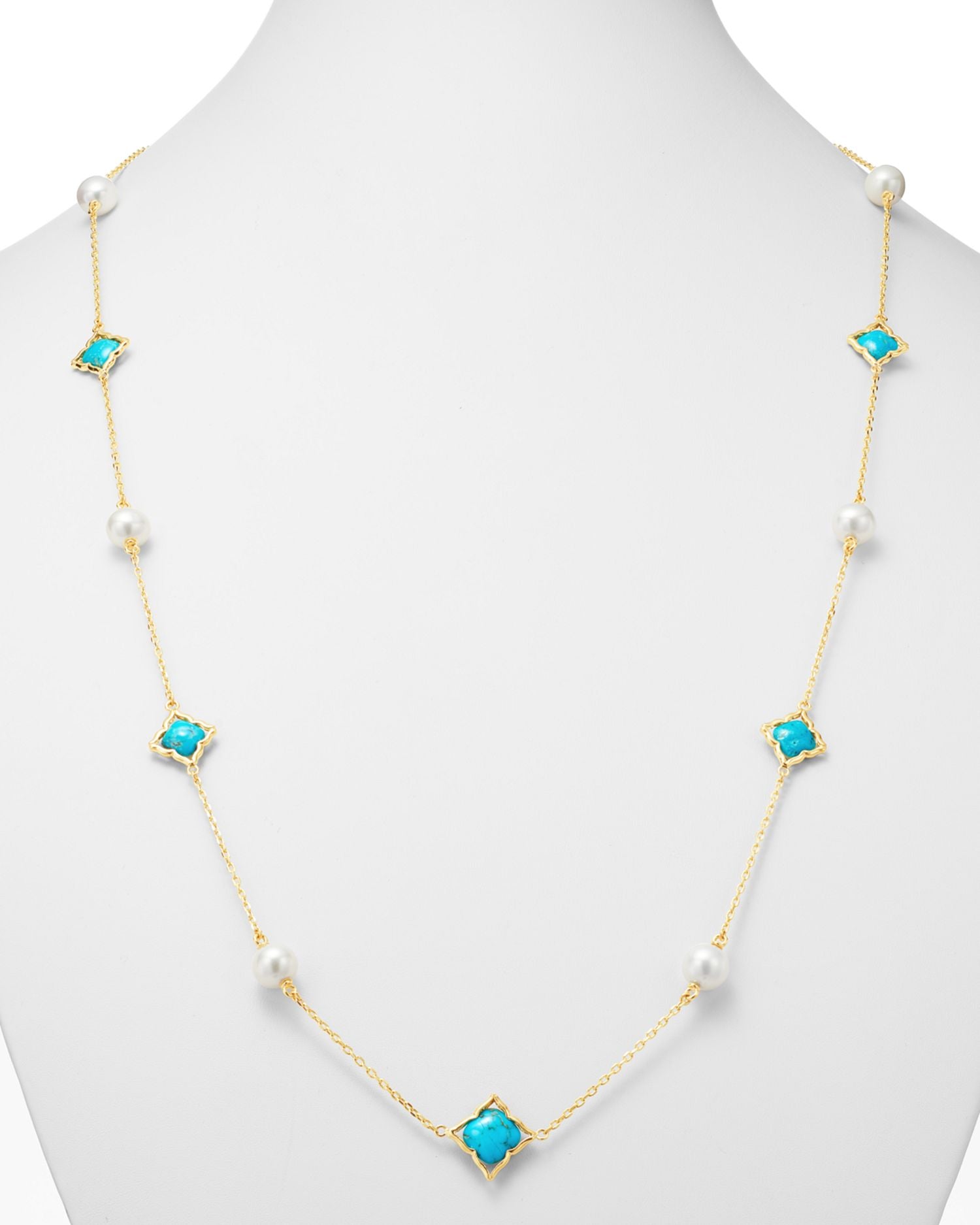 Freshwater Cultured Pearl & Turquoise Clover Station Necklace in 14K Yellow Gold, 36' - Exclusive