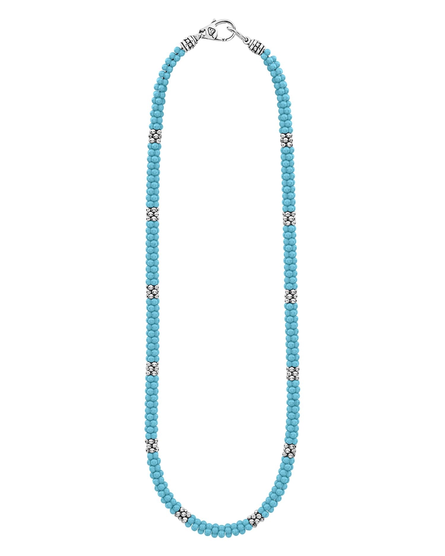 Sterling Silver Caviar Blue Caviar Ceramic Beaded Necklace, 16"