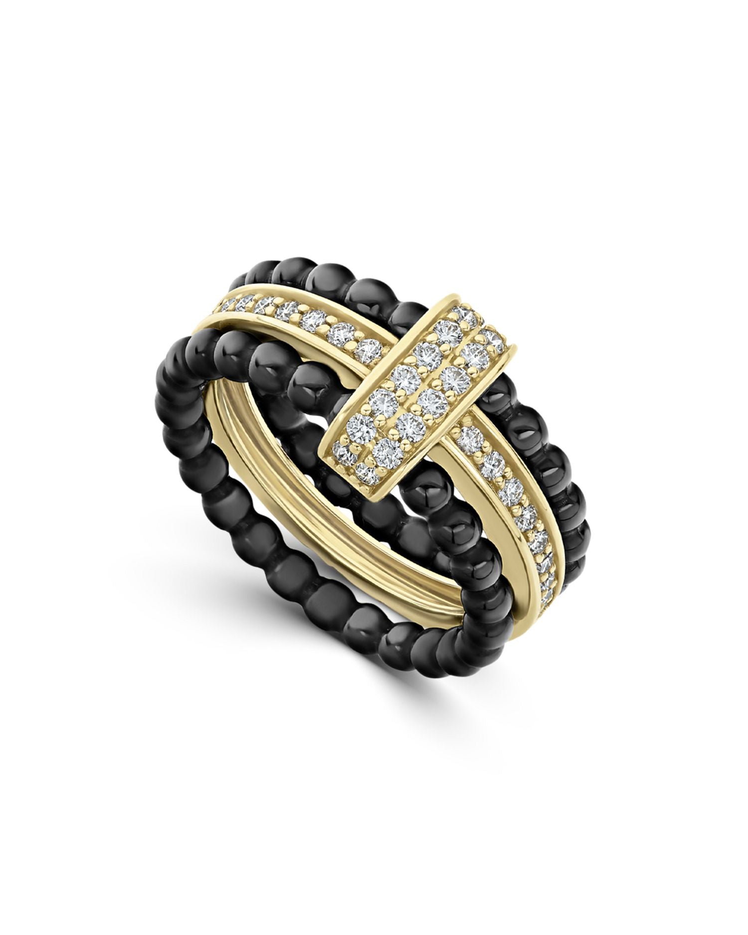 Meridian 18K Yellow Gold & Ceramic Caviar Diamond Stack Ring