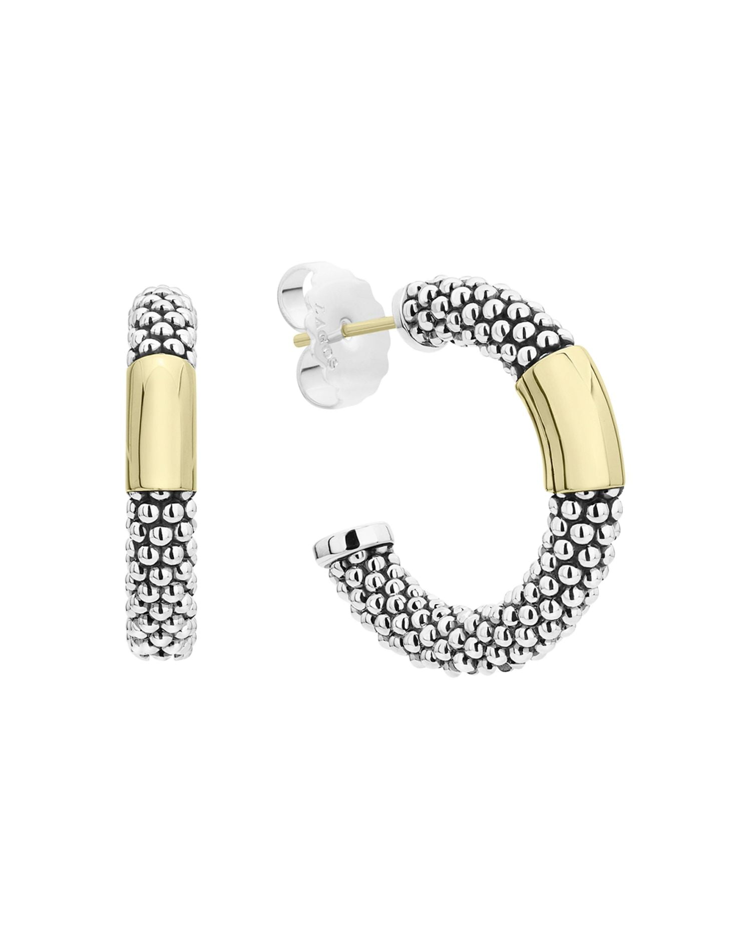 18K Yellow Gold & Sterling Silver Caviar High Bar Hoop Earrings