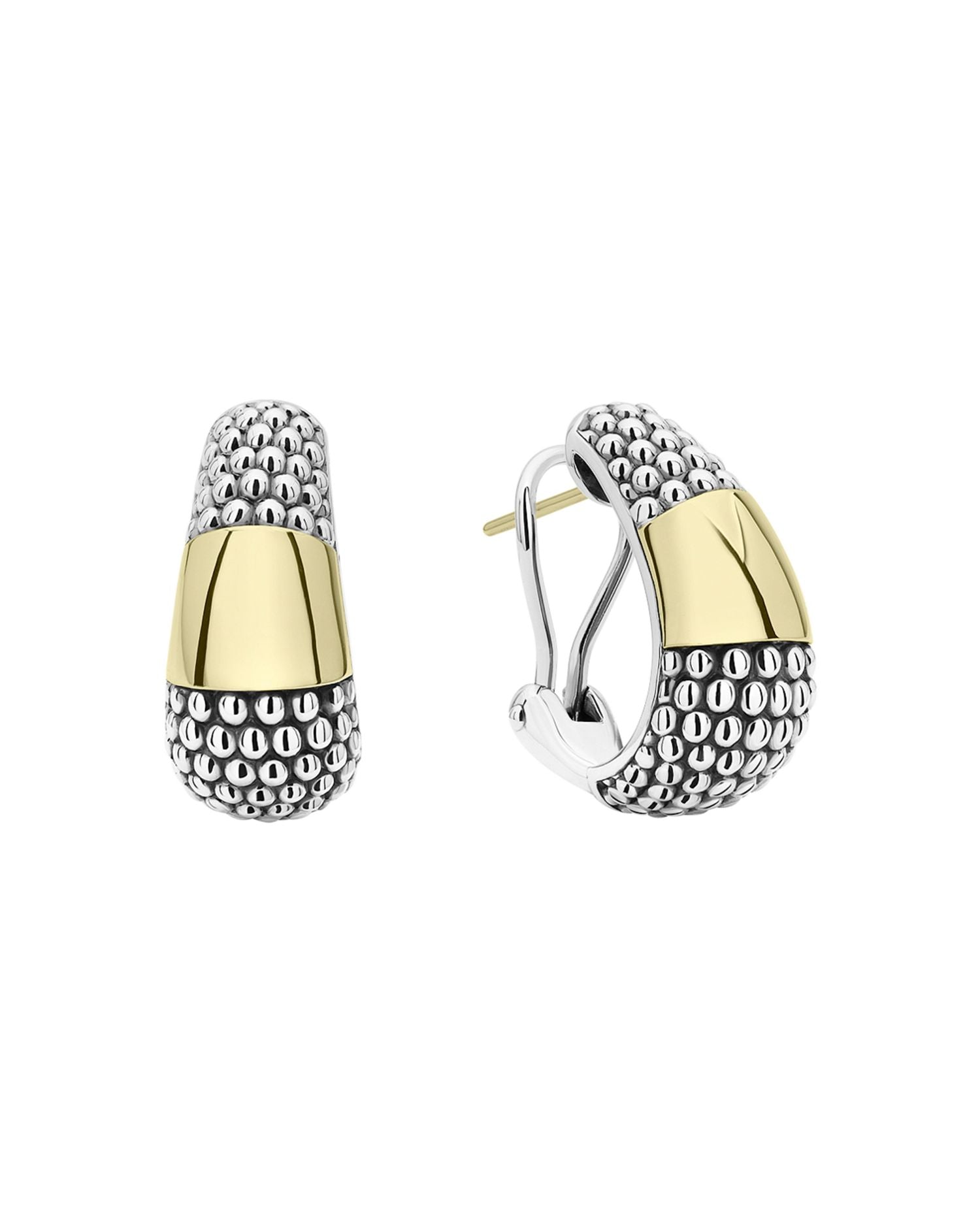 18K Yellow Gold & Sterling Silver High Bar Caviar Huggie Earrings