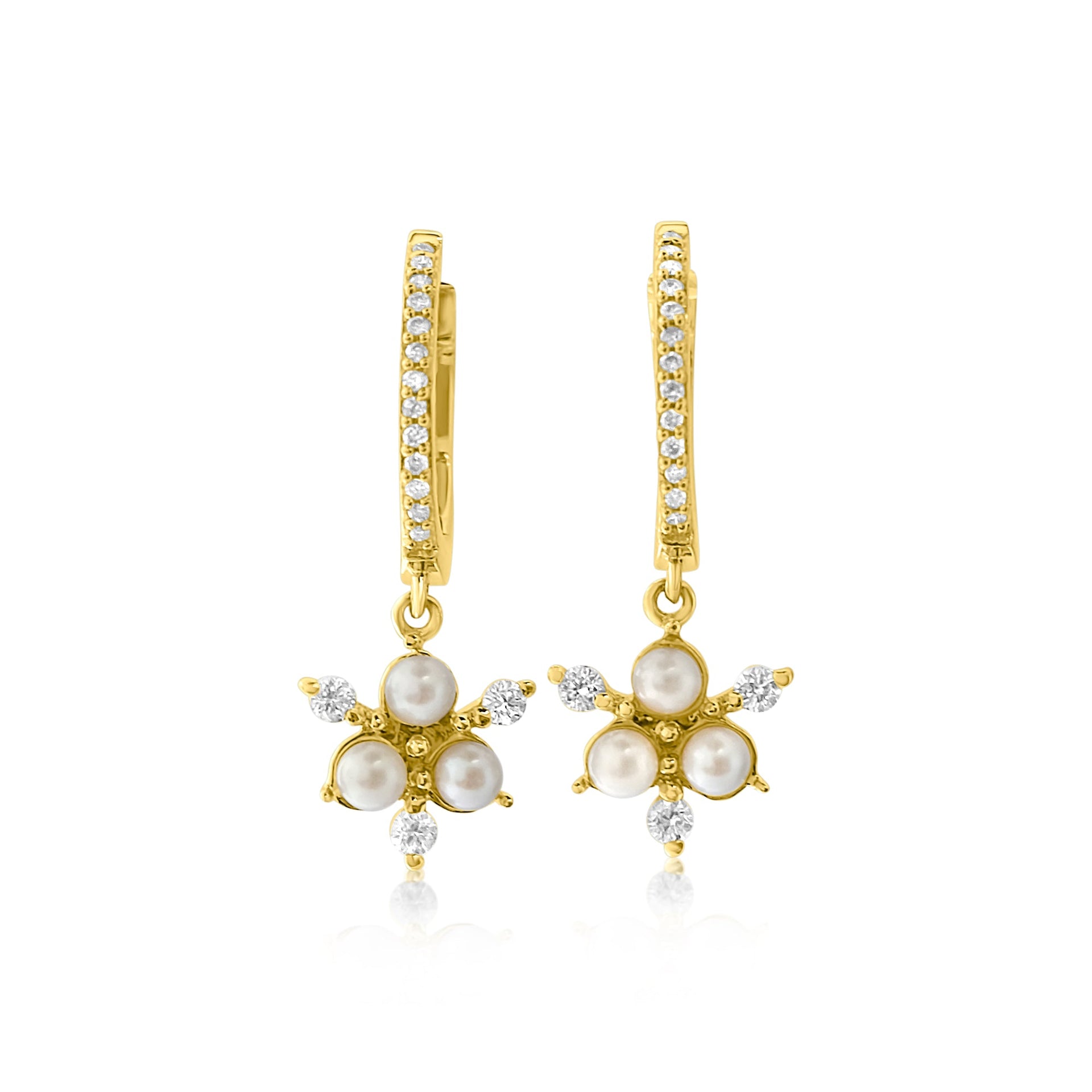 Gold Diamond Pearl Cluster Drop Hoop Earring