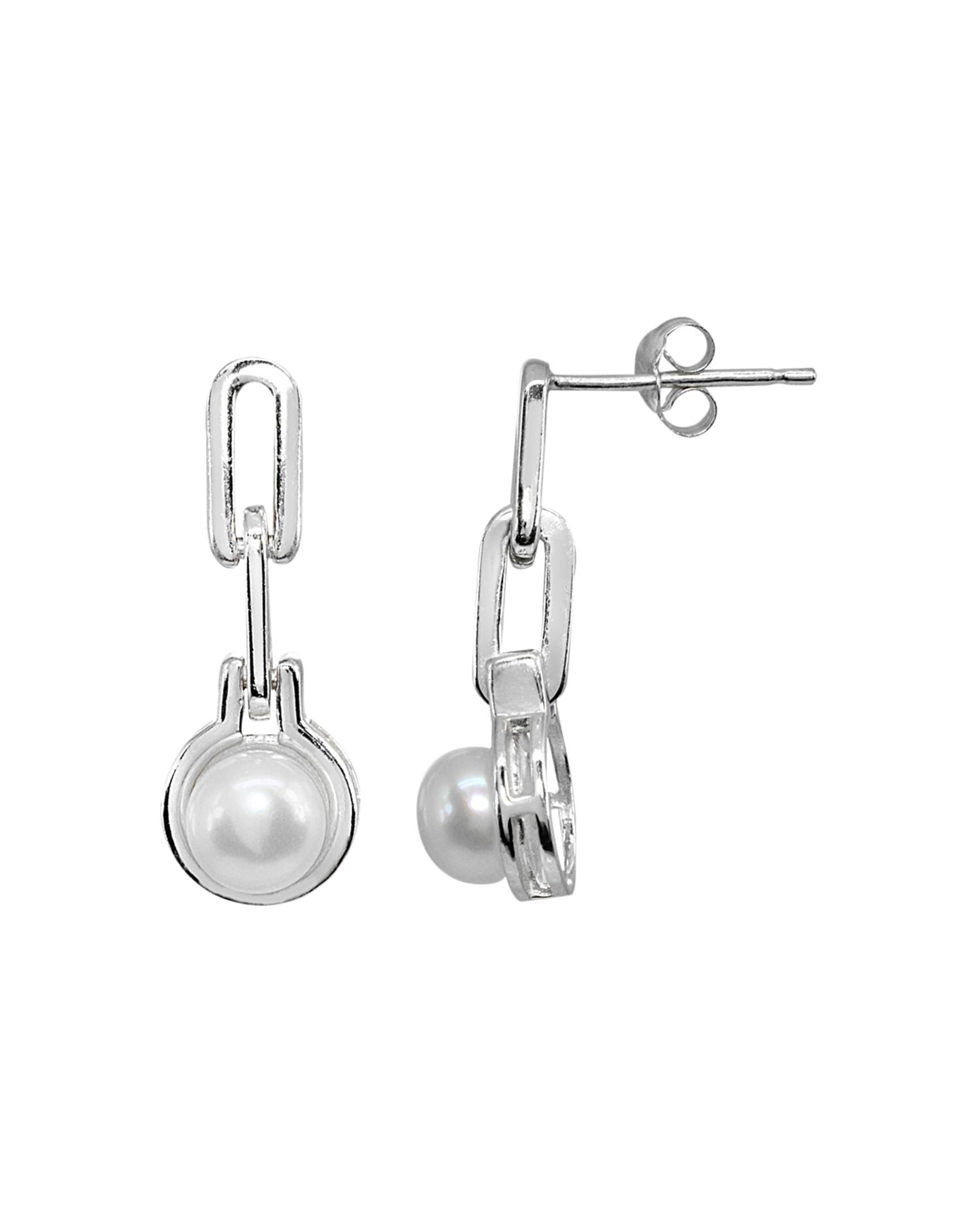 Double Link & Cultured Freshwater Pearl Drop Earrings - Exclusive