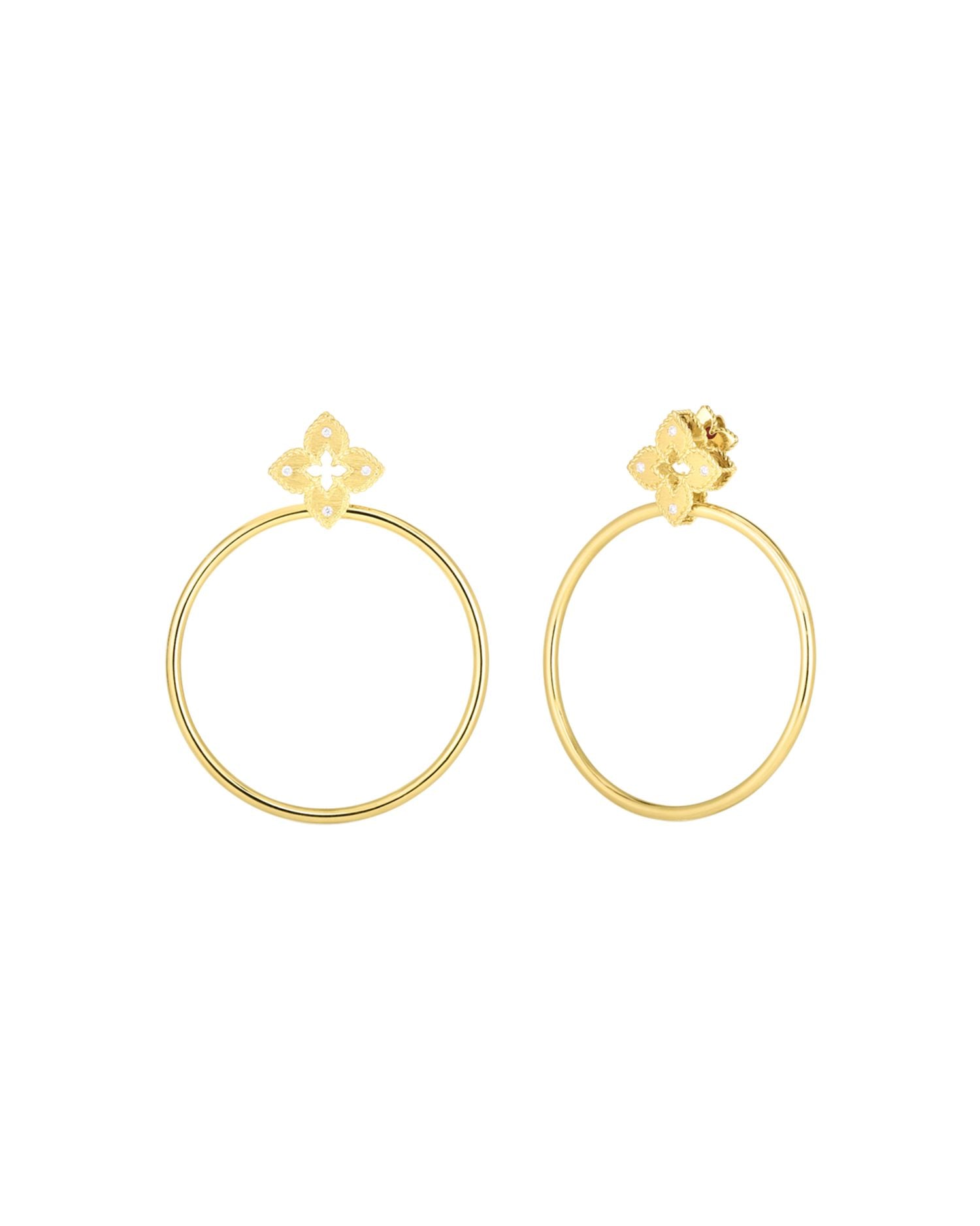 18K Yellow Gold Venetian Princess Diamond Flower Drop Hoop Earrings