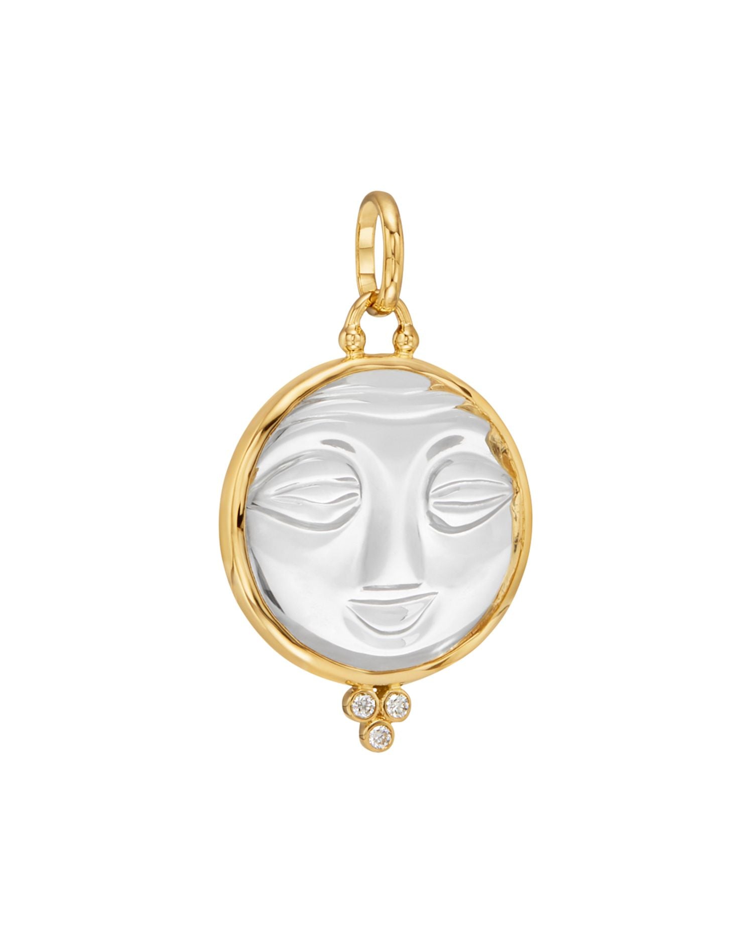 18K Yellow Gold Large Carved Crystal Moonface Pendant with Diamonds