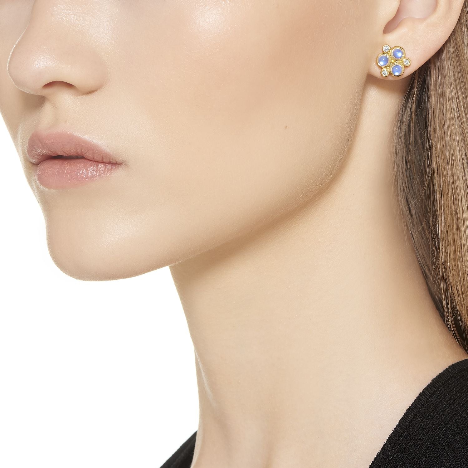 Temple St. Clair Classic Trio Earrings with Royal Blue Moonstone and Diamonds in 18K Yellow Gold