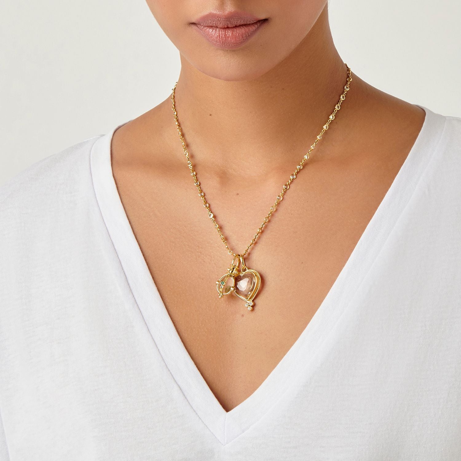 18K Yellow Gold Classic Rock Crystal & Diamond Medium Heart Pendant